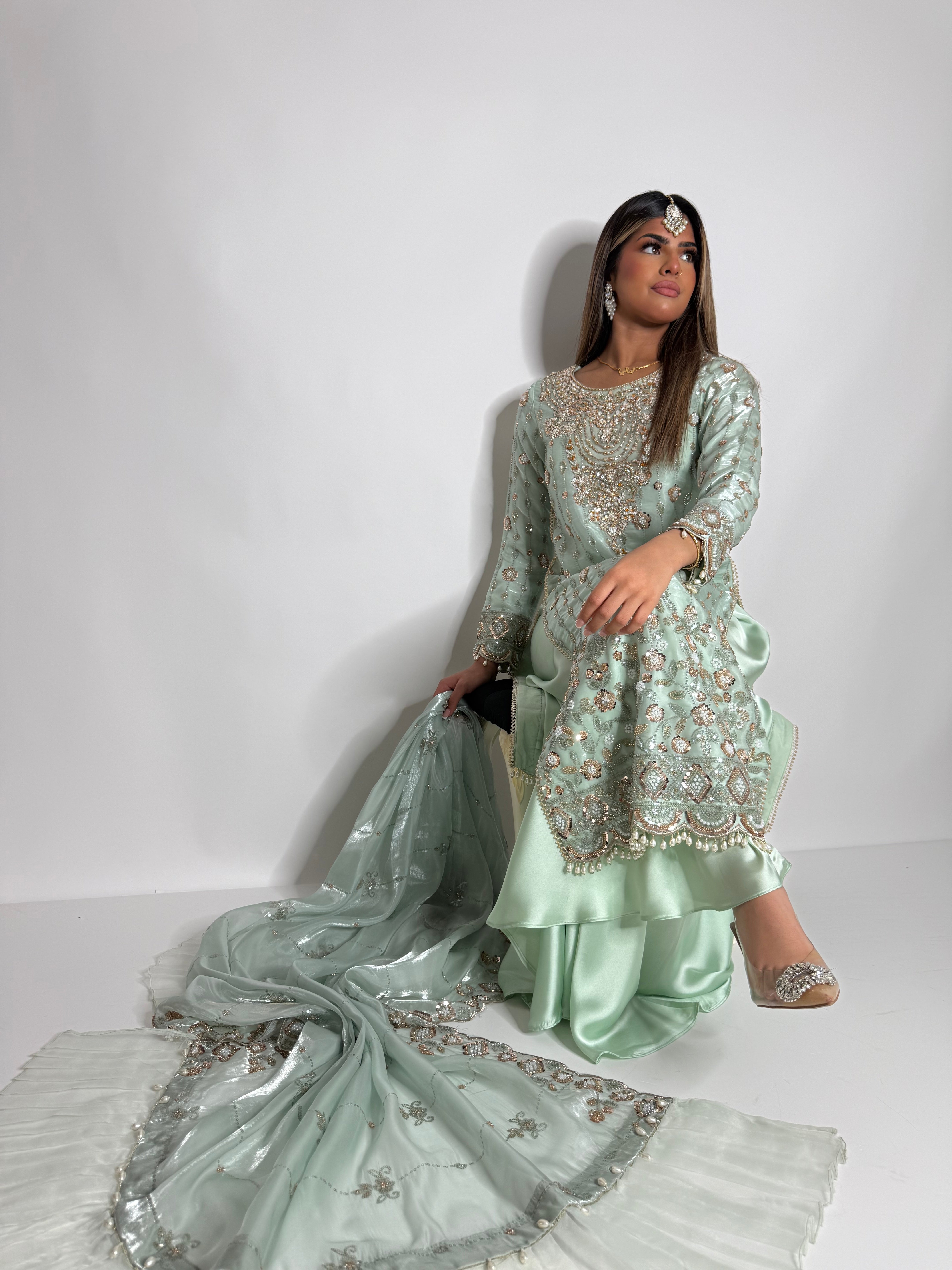 Parizay | Luxury Pakistani Mint Hand Embroidered Silk Sharara Suit UK | Eid, Wedding Guest & Party Wear