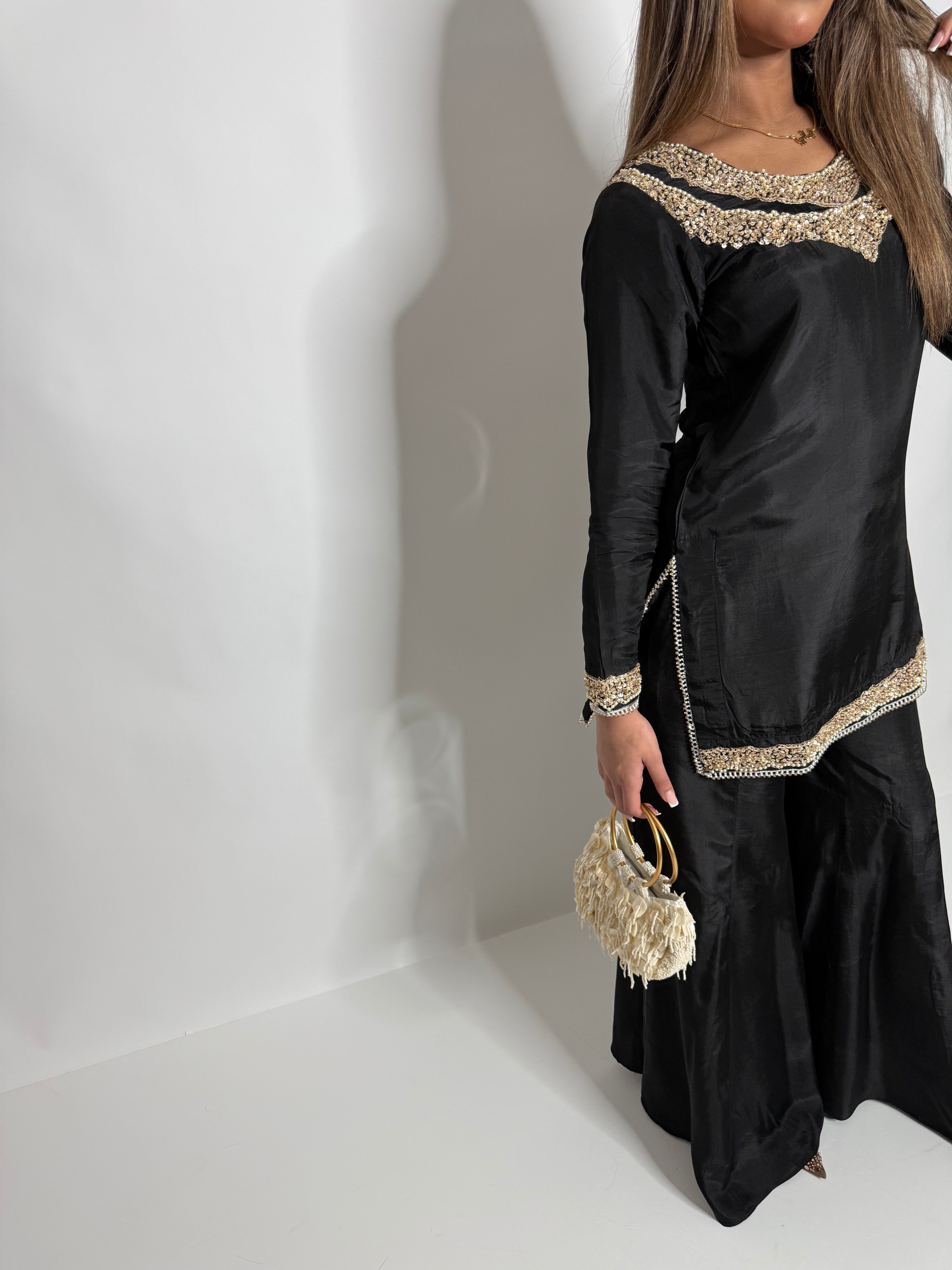 BLACK SILK SHARARA SUIT UK | THE KAIA NOIRE