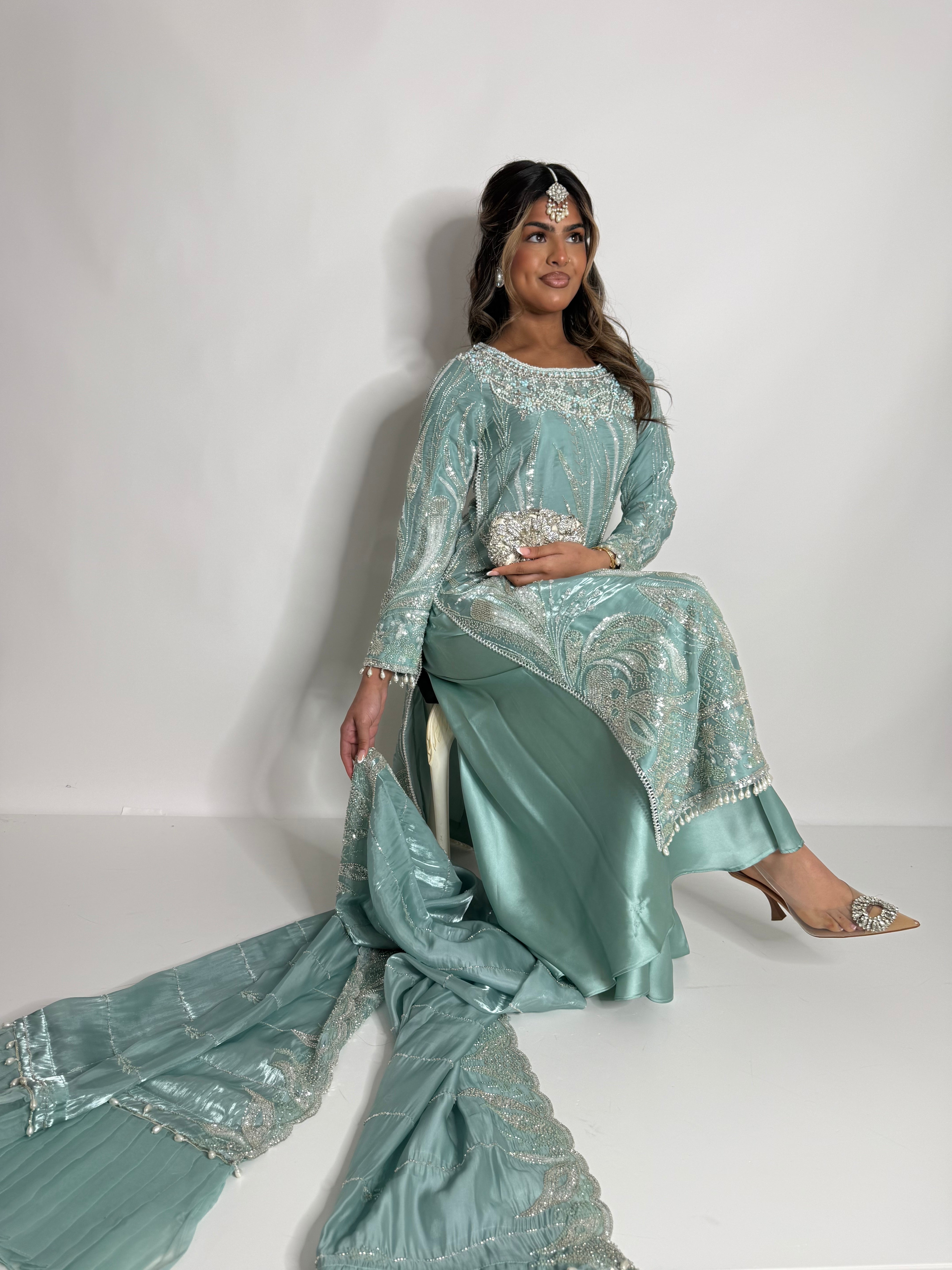 MINT SILK CUTDANA EMBROIDERED SHARARA SUIT UK | THE KAIA MIRETH