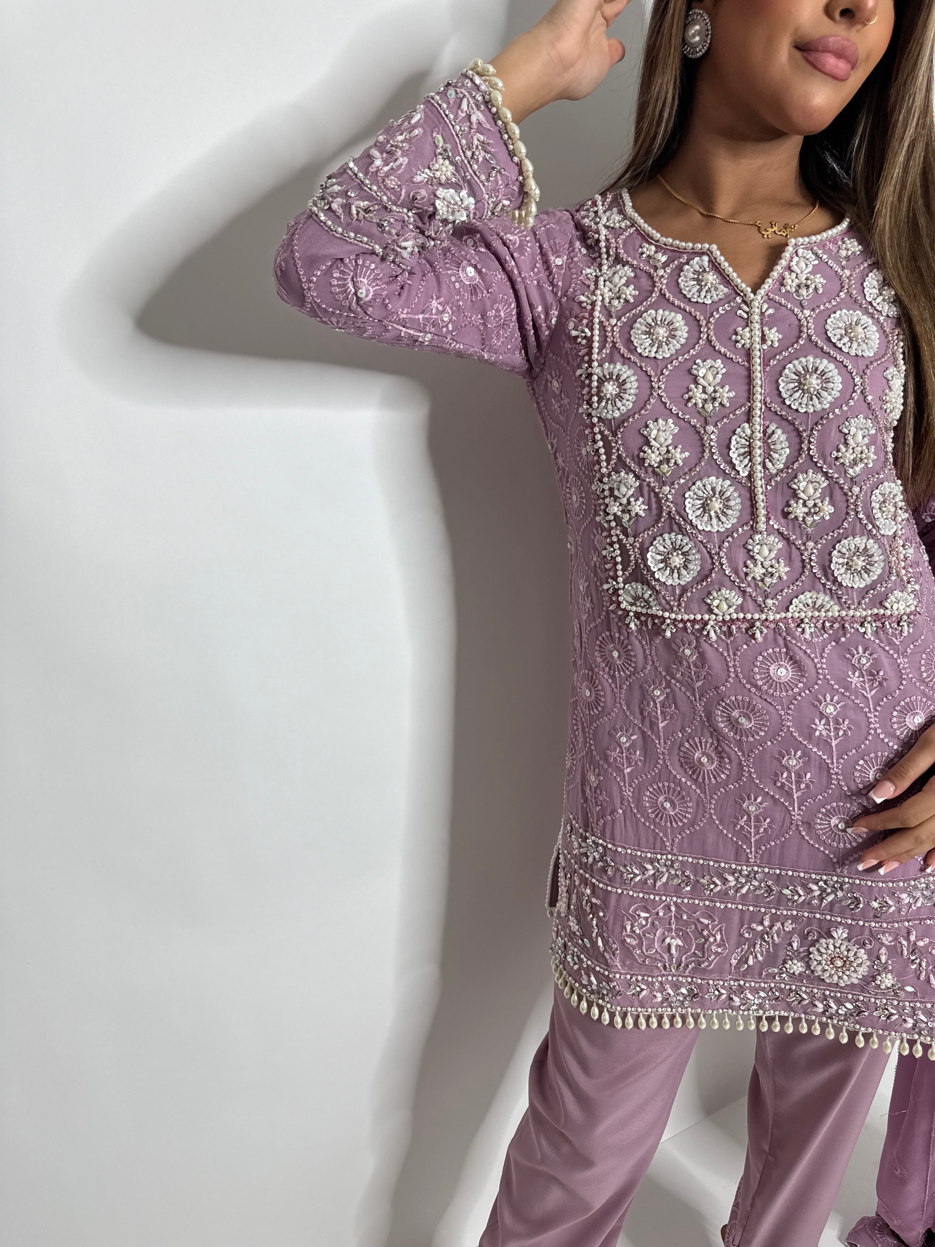 AYZEL | LUXURY PAKISTANI DUSTY MAUVE HAND EMBROIDERED 3 PIECE SUIT UK | WEDDING GUEST, EID & PARTY WEAR