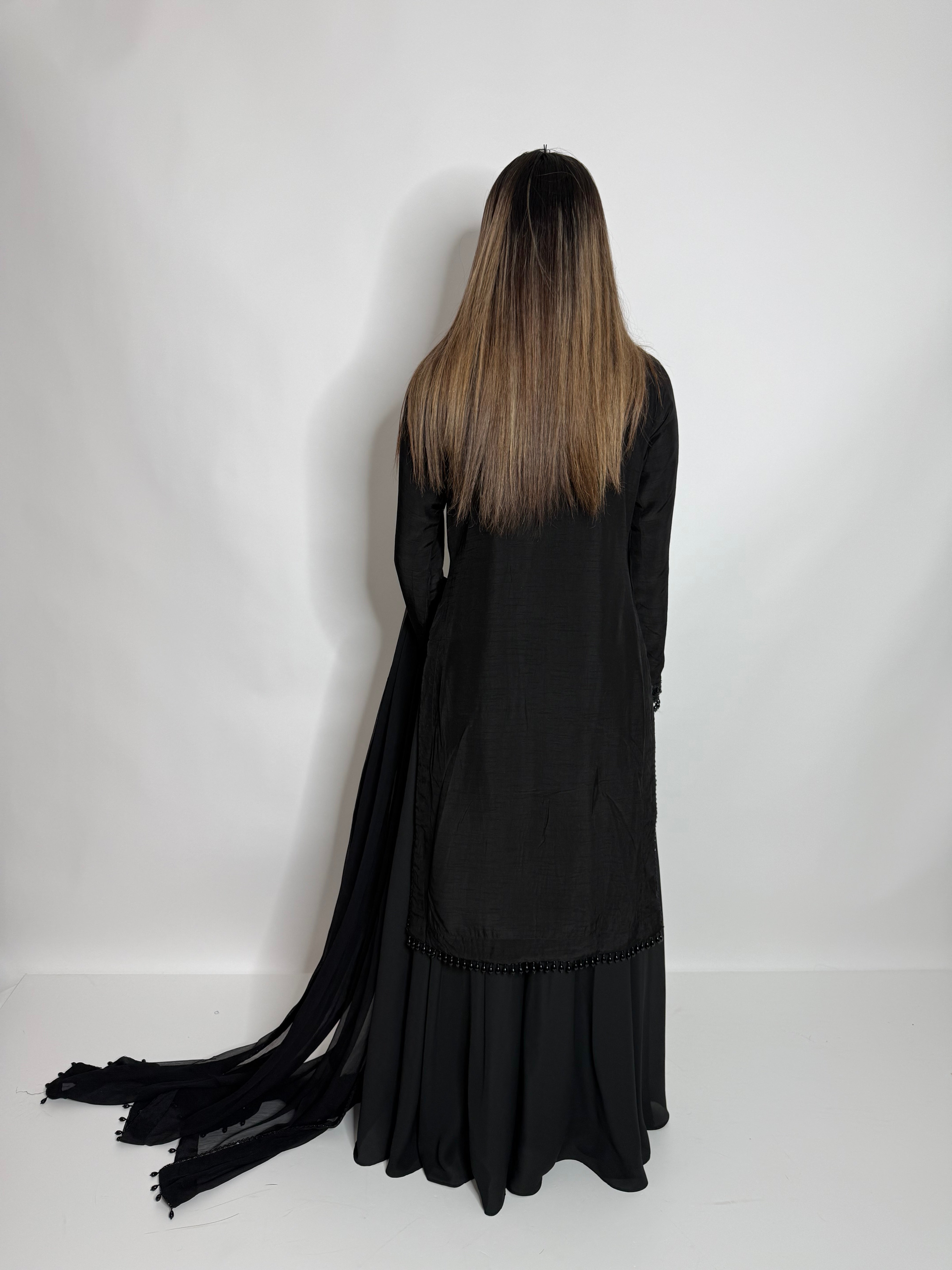 BLACK EMBELLISHED CHIFFON SHARARA THREE PIECE SUIT UK | THE NOIRÉLLE
