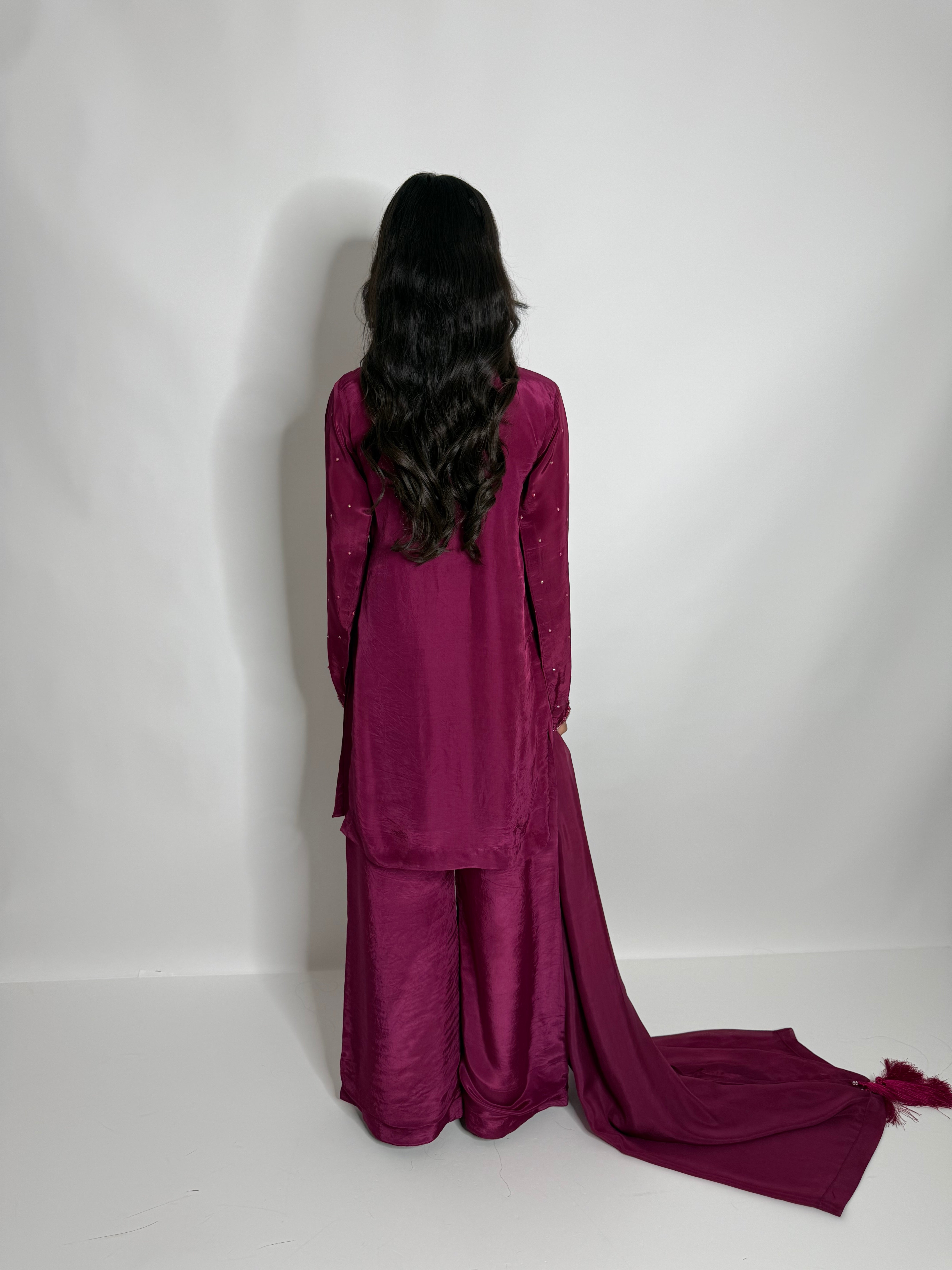 Mahveen | Luxury Pakistani Magenta Silk Sharara Suit UK | Hand Embroidered Wedding Guest & Eid Occasion Wear