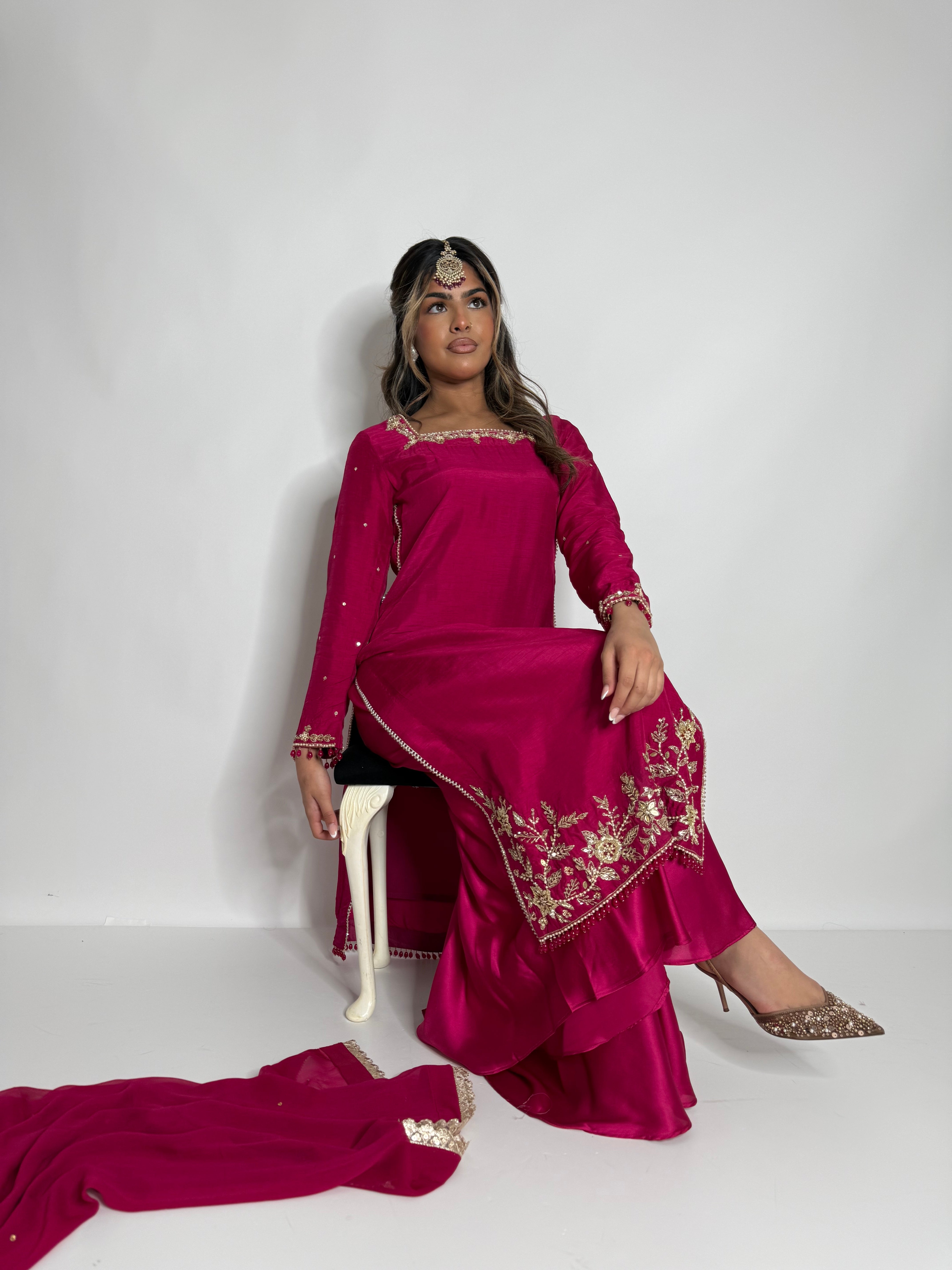 HOT PINK RAW SILK SHARARA SUIT UK | THE ZEPHYRA ROSE