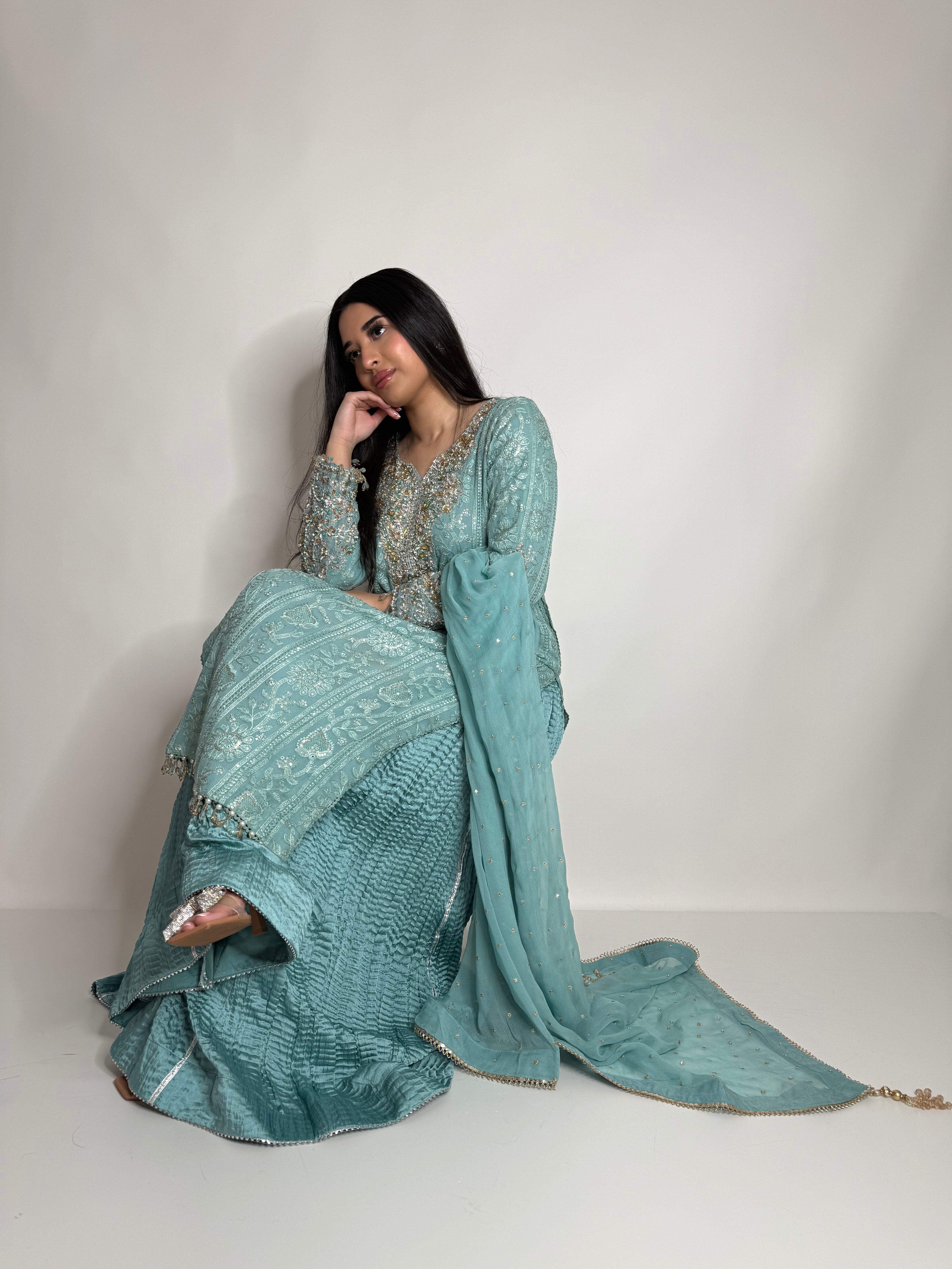 MINT GREEN CHIKANKARI SHARARA THREE PIECE SUIT UK | THE AZMIRA