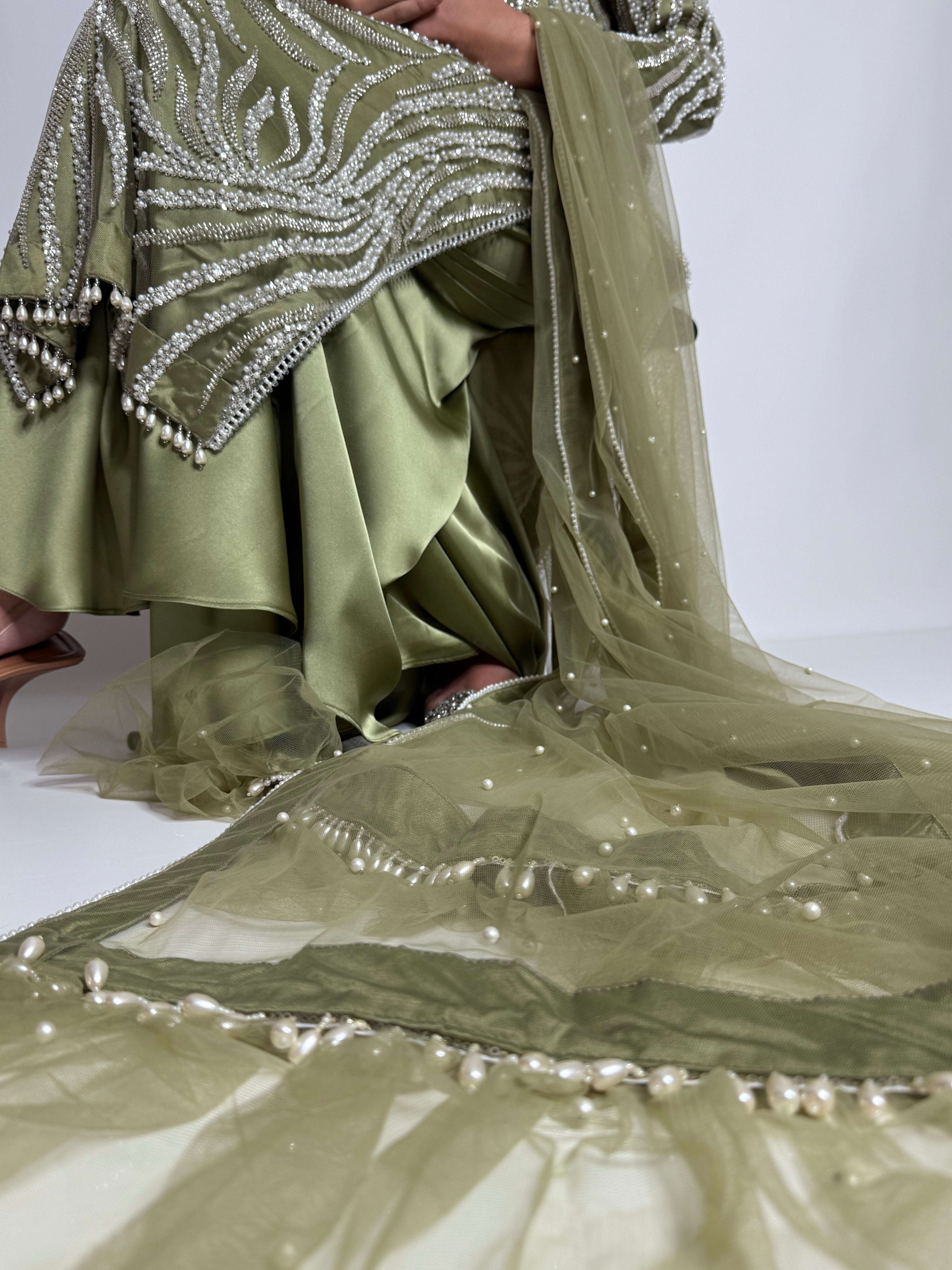 Olive Green Cutdana Sharara Three Piece Suit UK | The Mirabelle