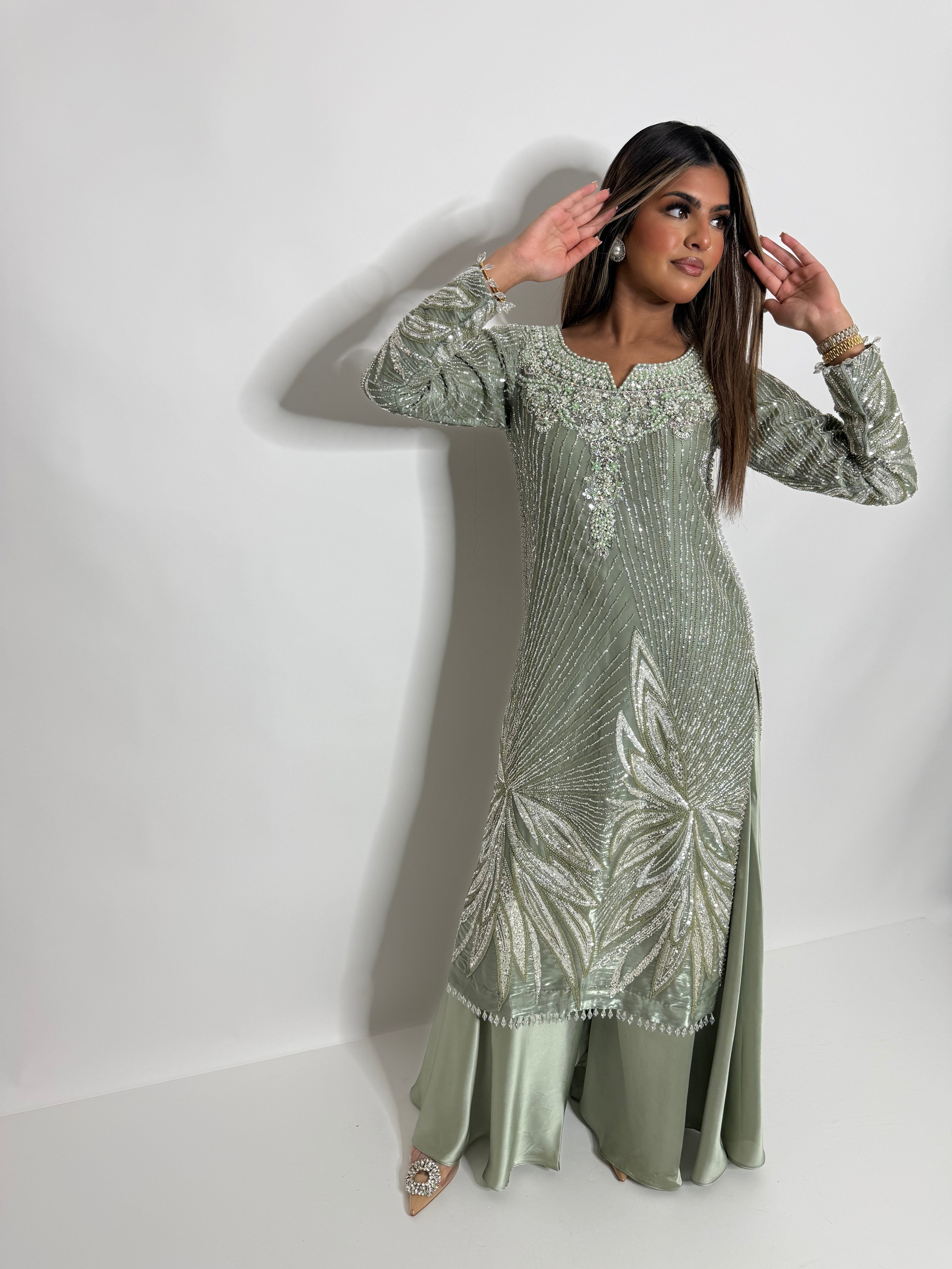 Sage Green Cutdana Silk Sharara Suit UK | The Maelis