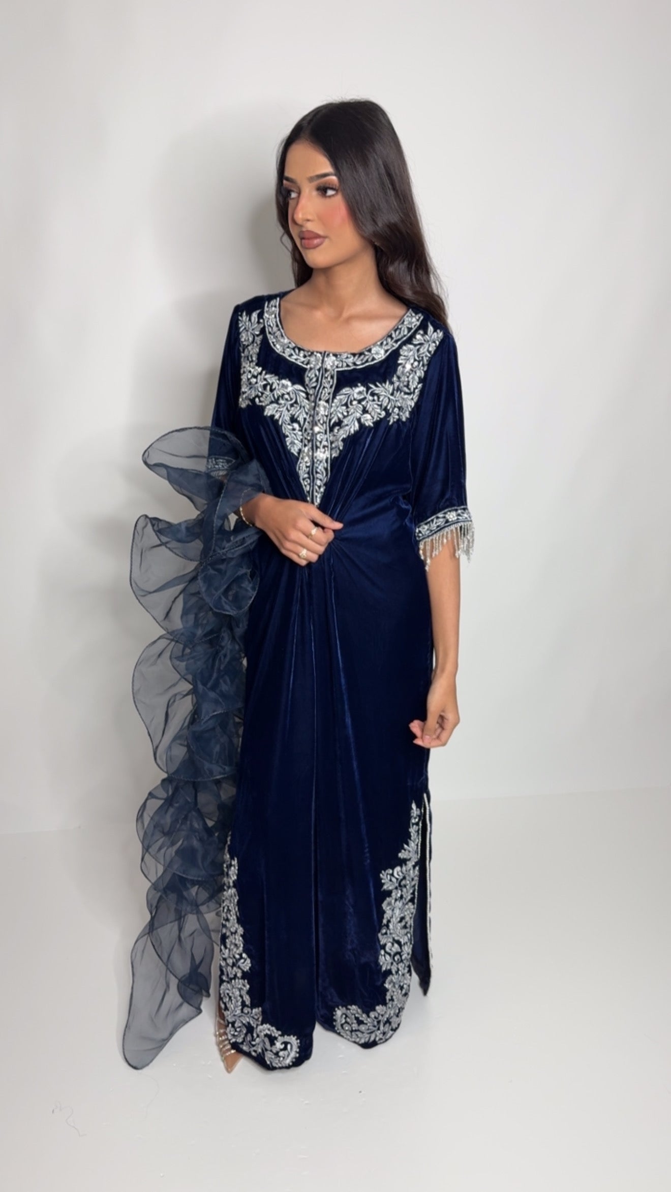 Navy Micro Velvet Kaftan Three-Piece Suit UK | THE AZURÉLLE