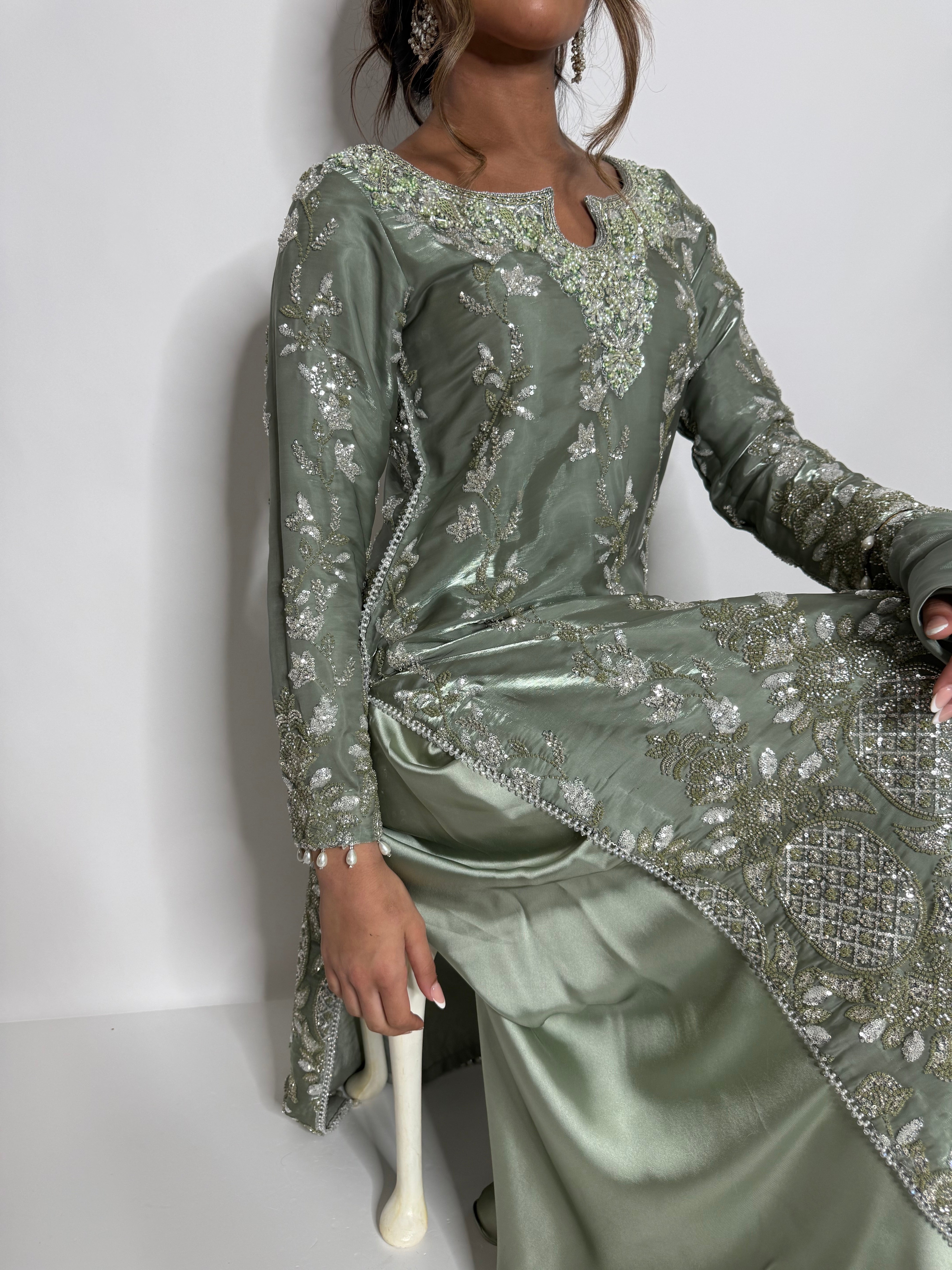 SAGE SILK EMBROIDERED THREE PIECE SUIT UK | THE ELYSIA VERDELLE