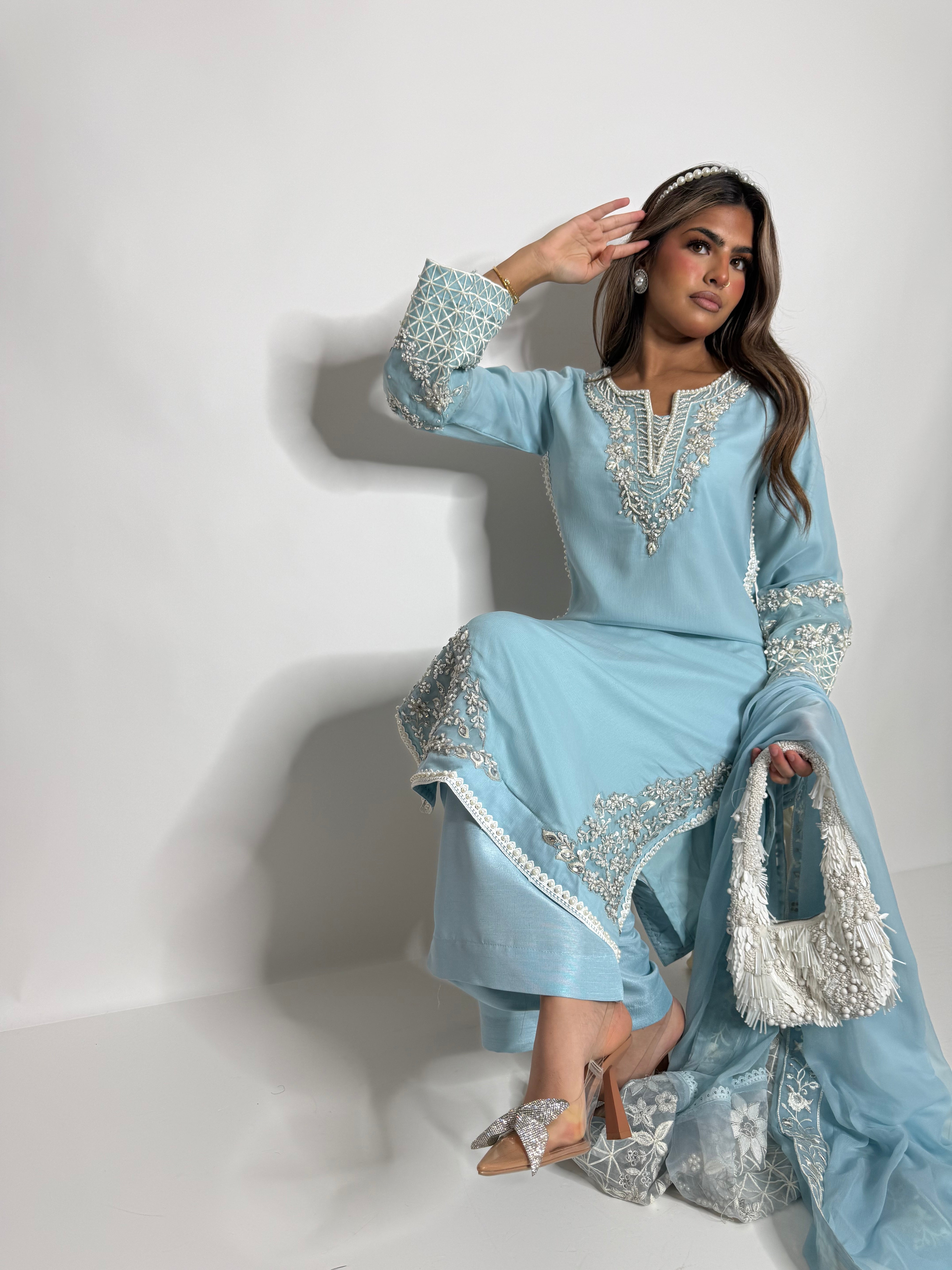CELESTIAL BLUE CHIFFON THREE PIECE SUIT UK | THE ALARISSE