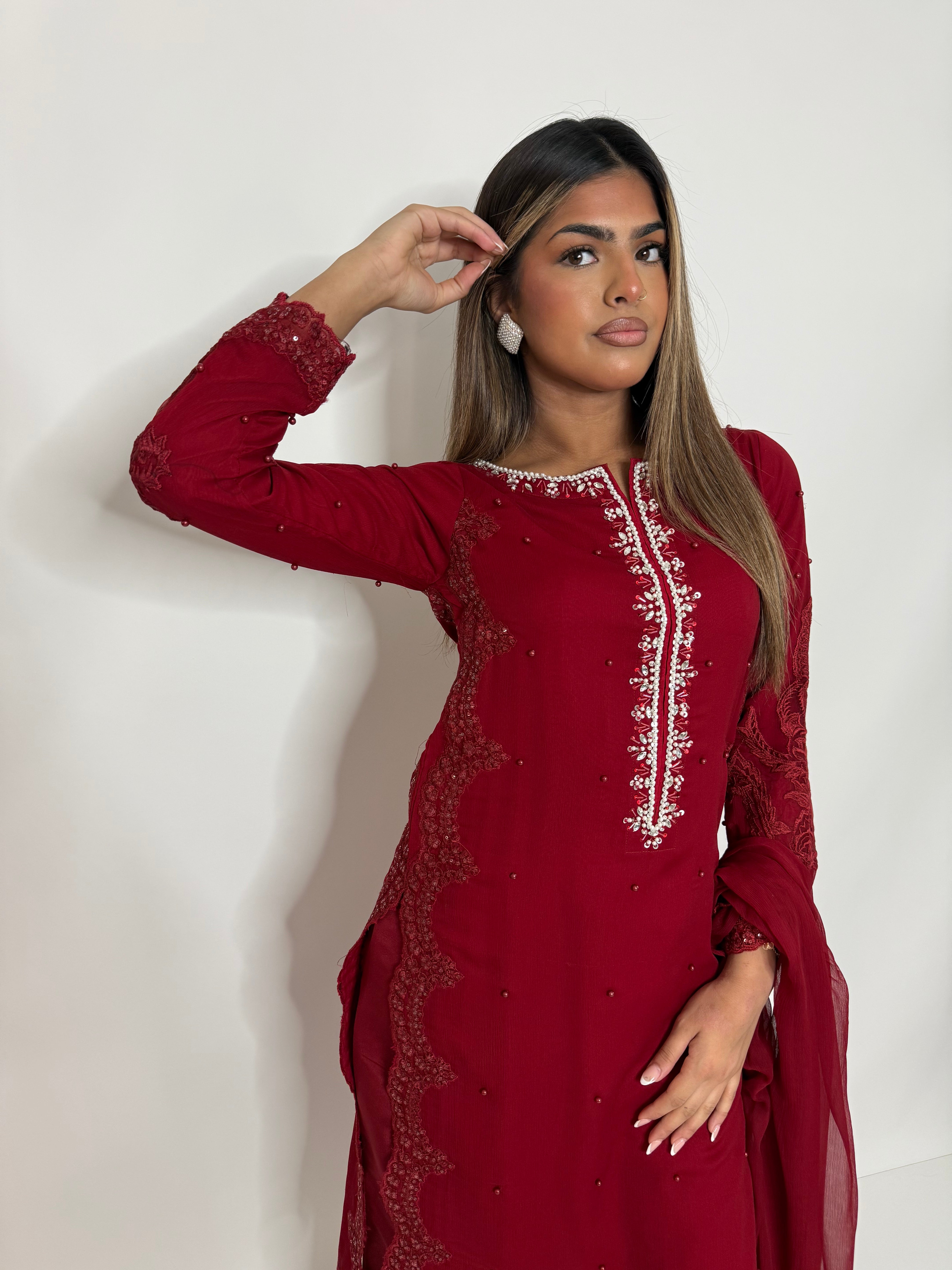 RED EMBROIDERED THREE PIECE SUIT UK | THE AMARA RUE