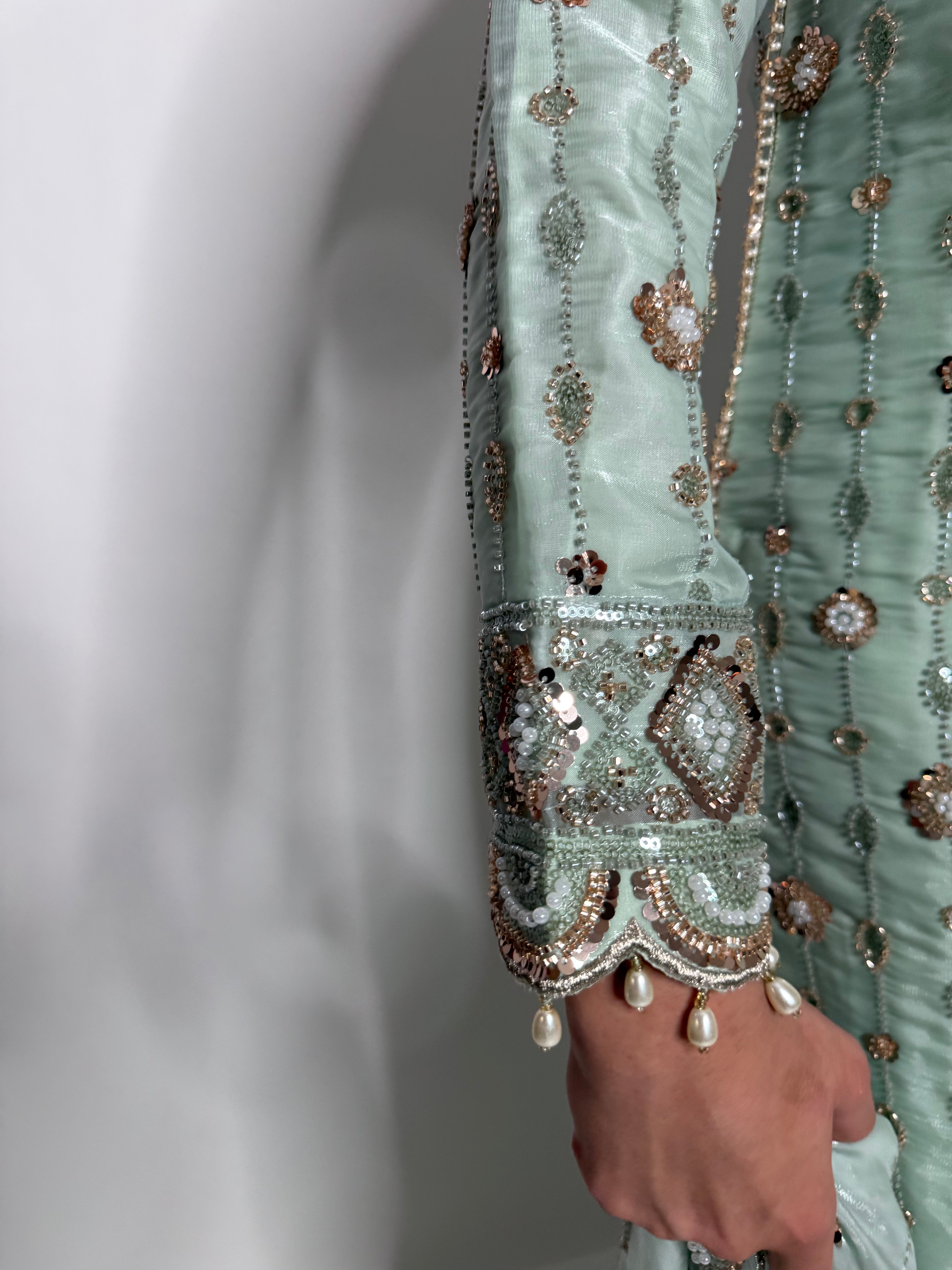 Parizay | Luxury Pakistani Mint Hand Embroidered Silk Sharara Suit UK | Eid, Wedding Guest & Party Wear