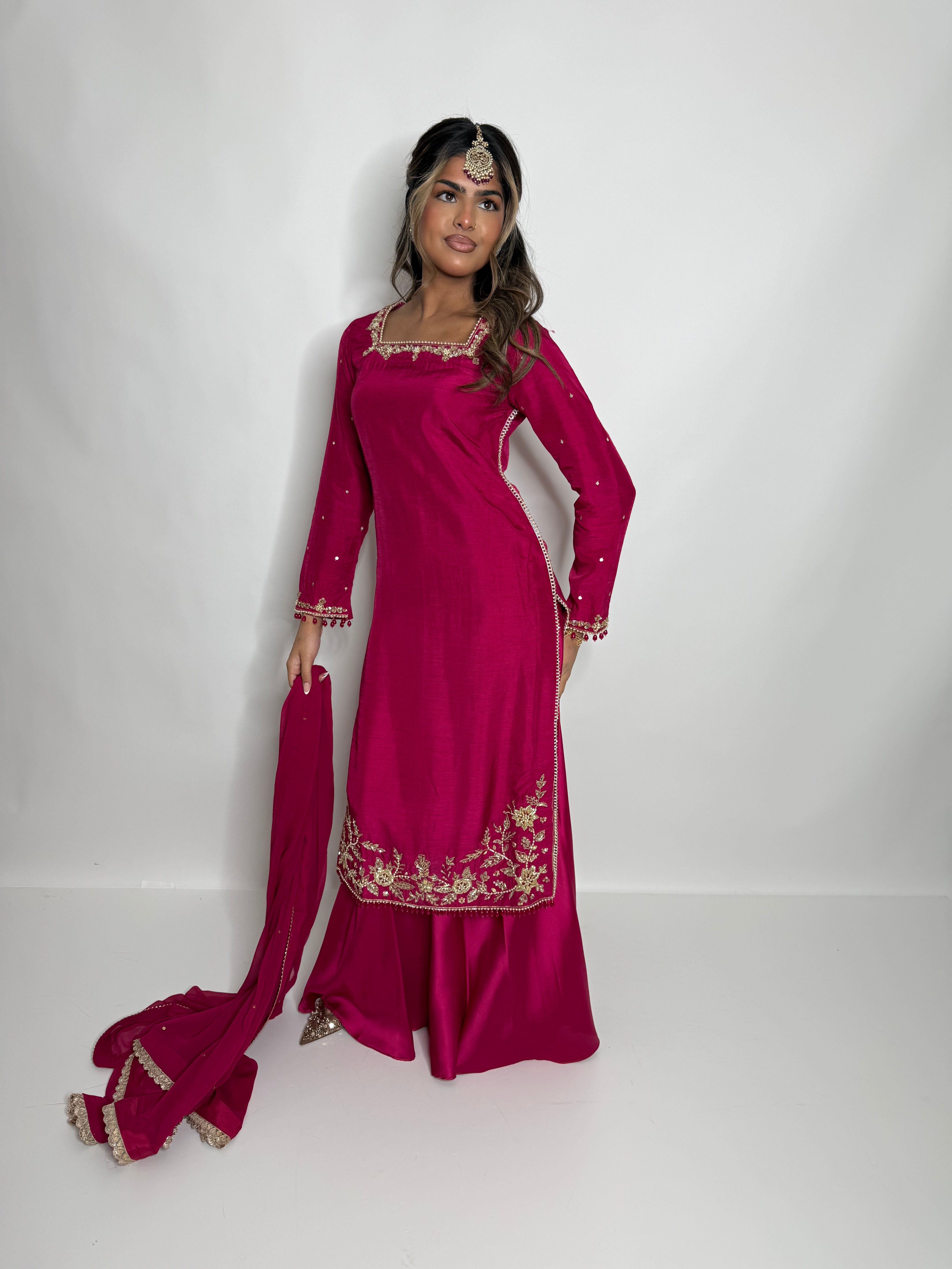 HOT PINK RAW SILK SHARARA SUIT UK | THE ZEPHYRA ROSE