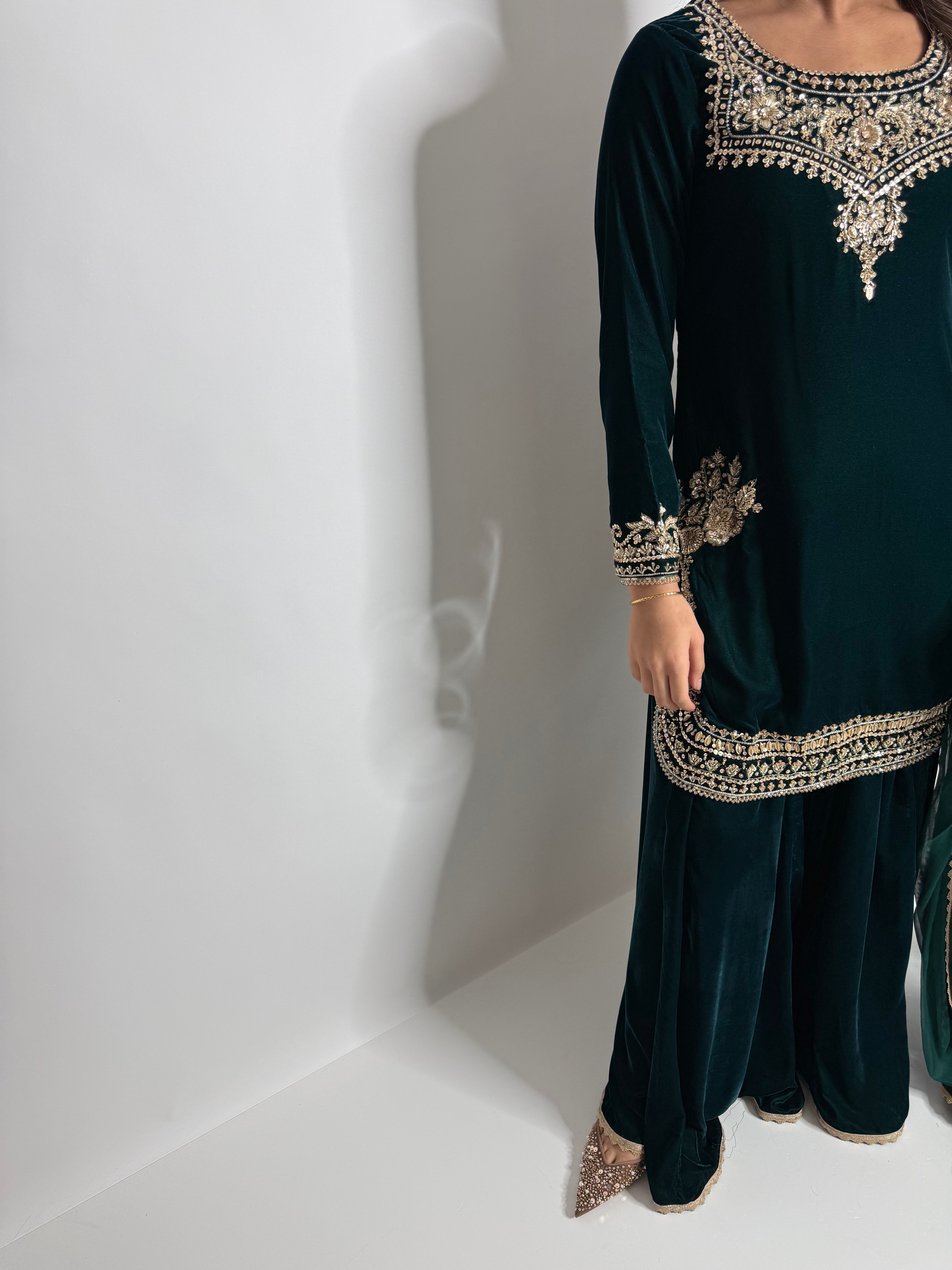 EMERALD MICRO VELVET SHARARA THREE PIECE SUIT UK | THE VARELLA