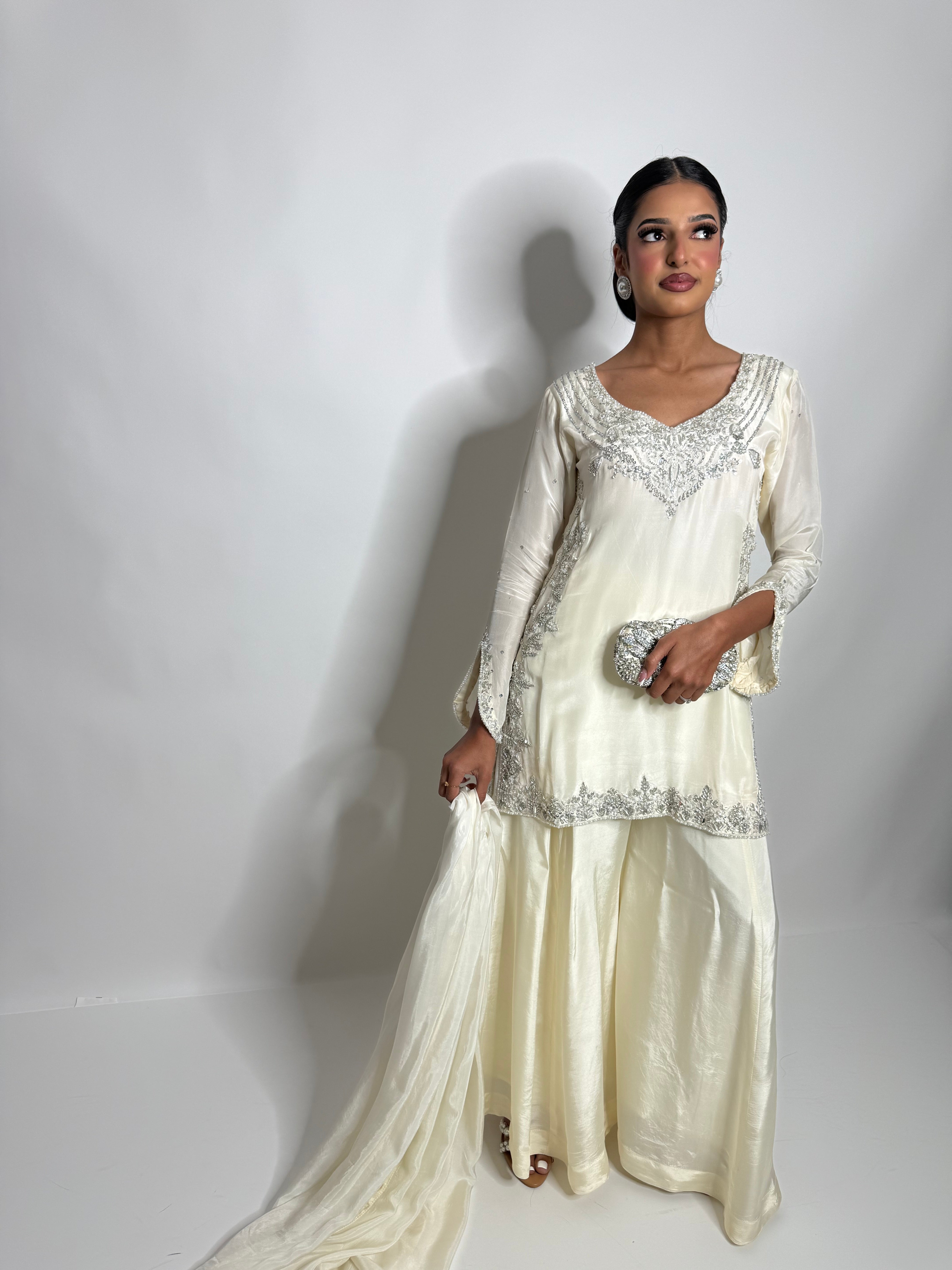 Elira | Luxury Pakistani Ivory Silk Sharara Suit UK | Y2K Wedding Guest Outfit