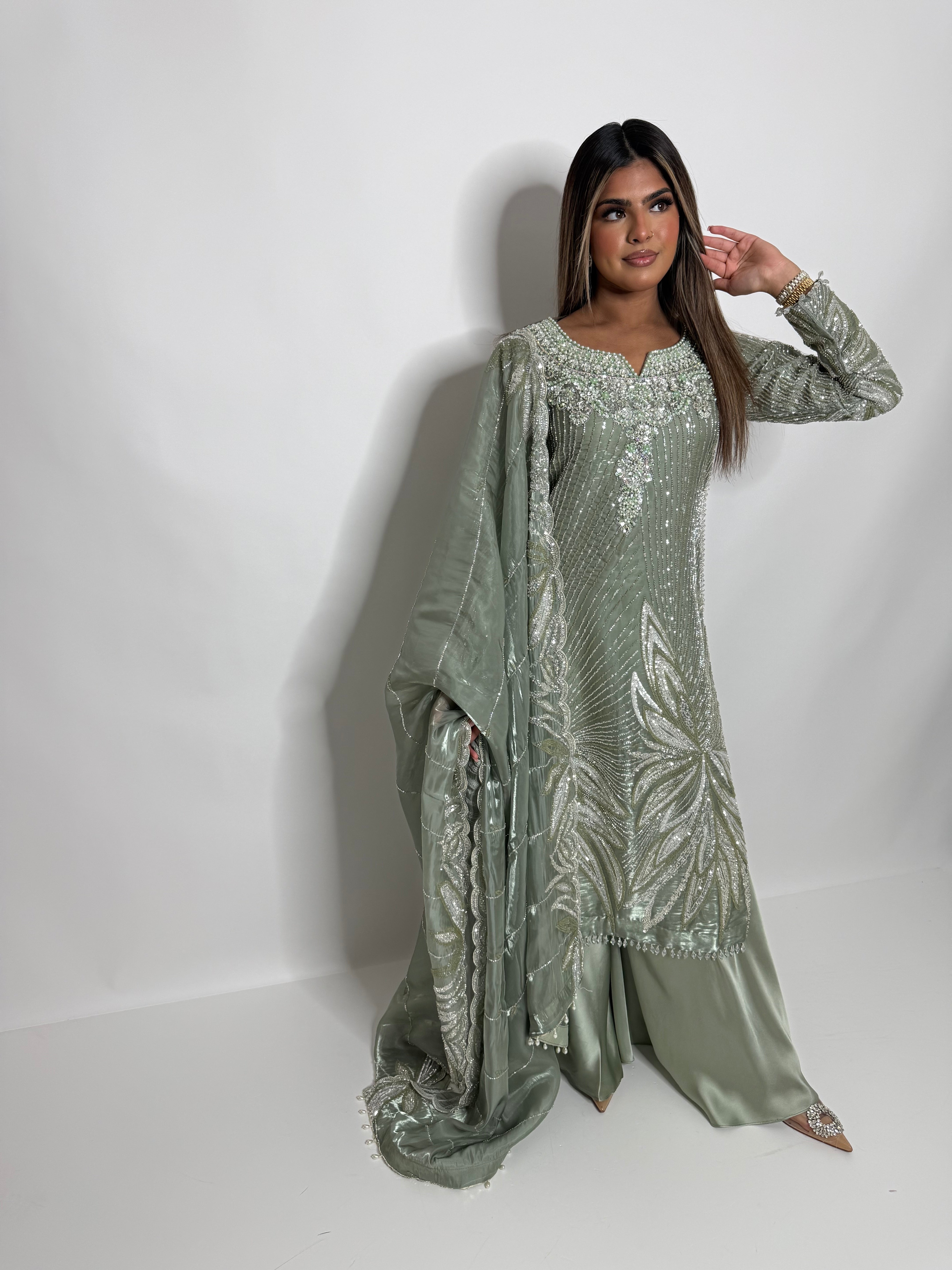 Sage Green Cutdana Silk Sharara Suit UK | The Maelis