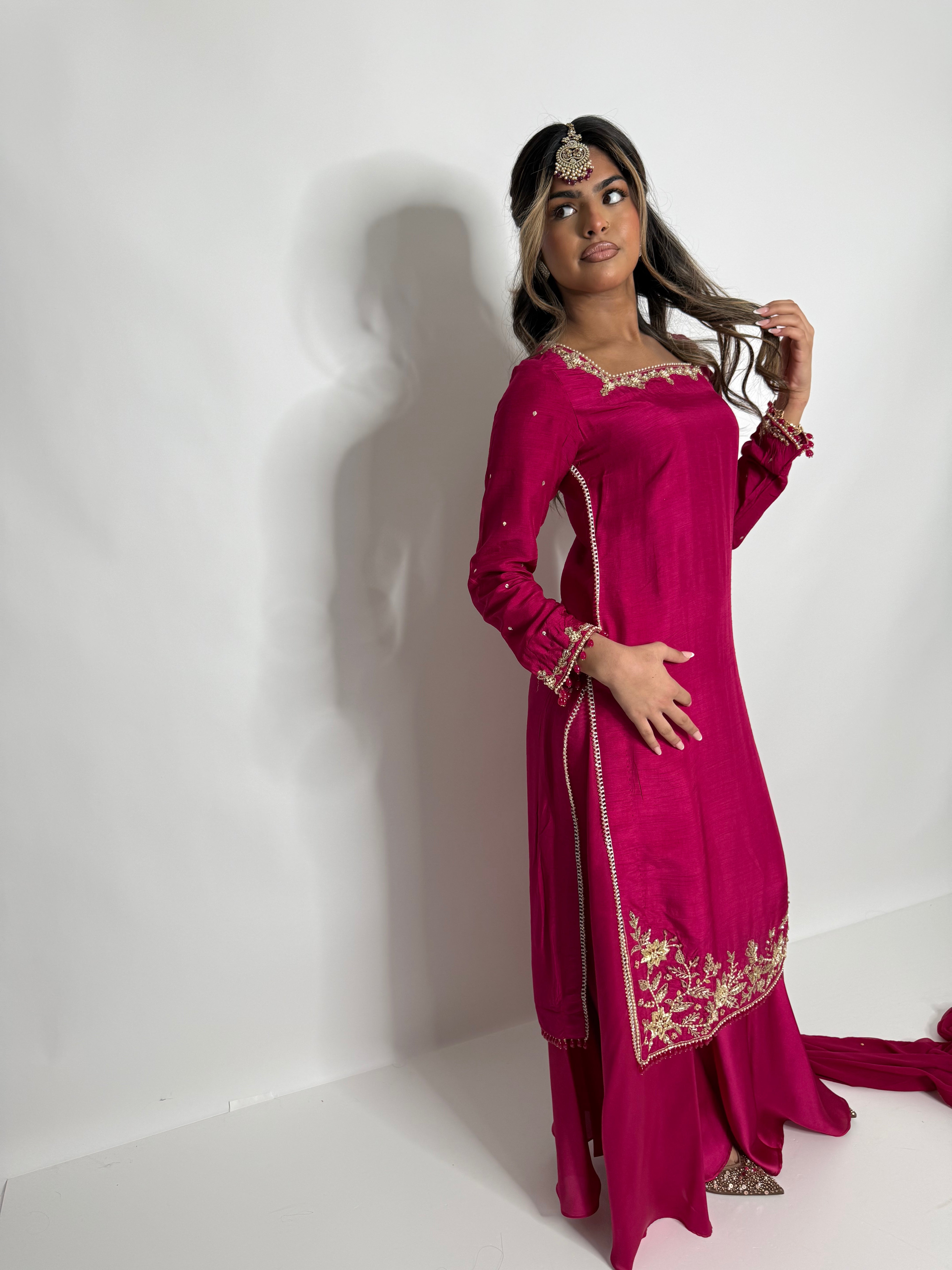 HOT PINK RAW SILK SHARARA SUIT UK | THE ZEPHYRA ROSE