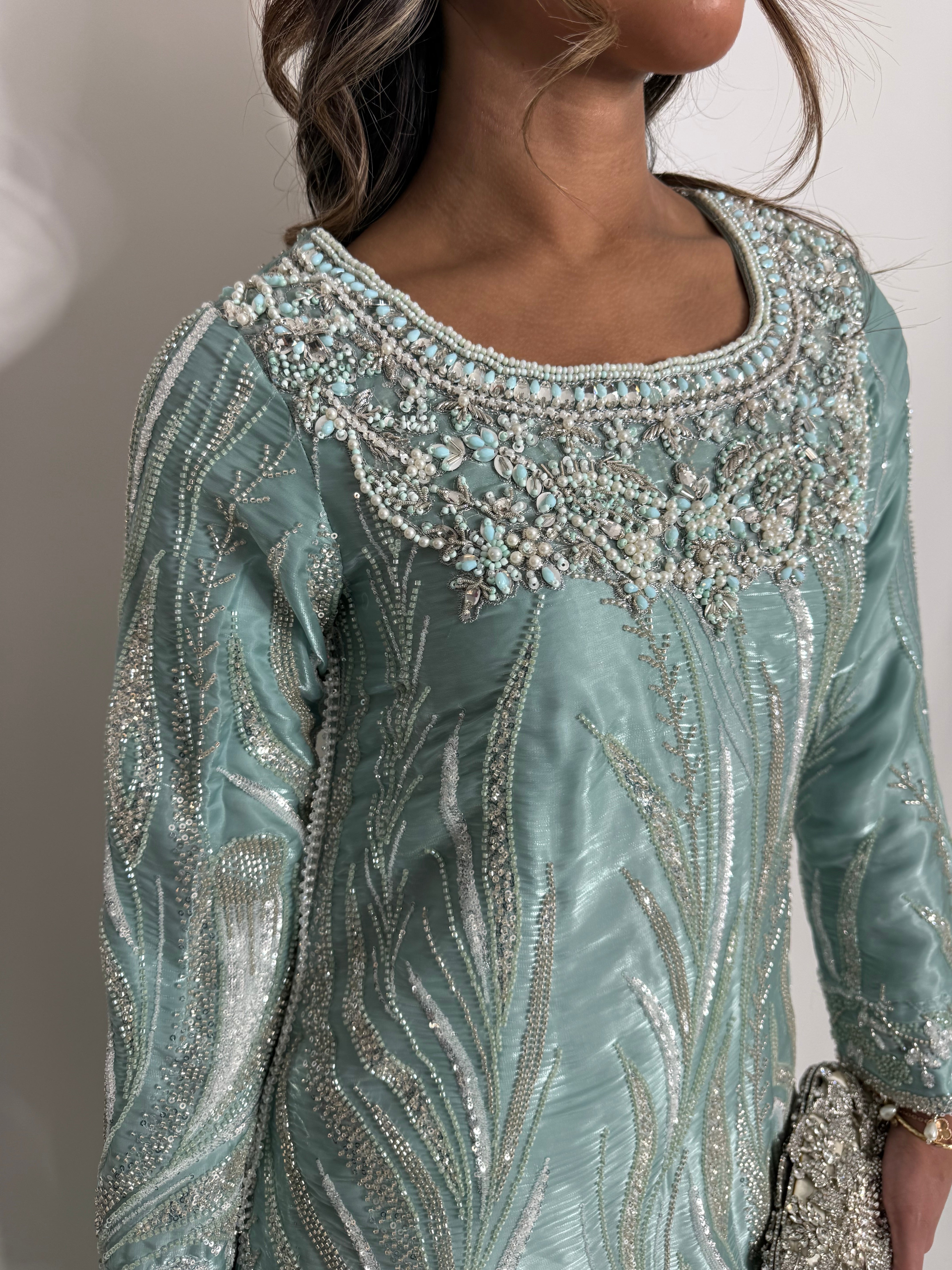 MINT SILK CUTDANA EMBROIDERED SHARARA SUIT UK | THE KAIA MIRETH