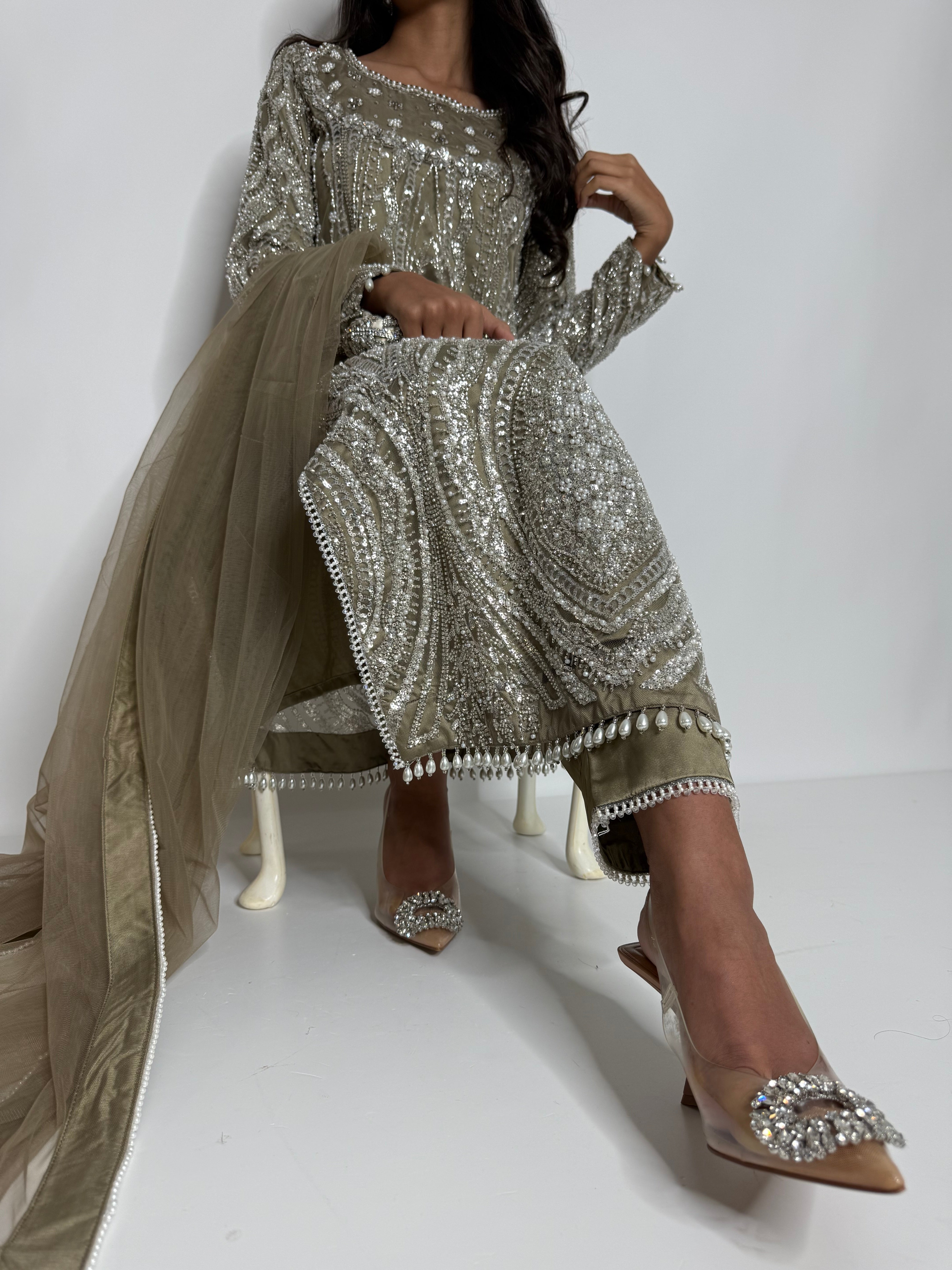 Olive Cutdana Embroidered Three Piece Suit UK | The Celestielle