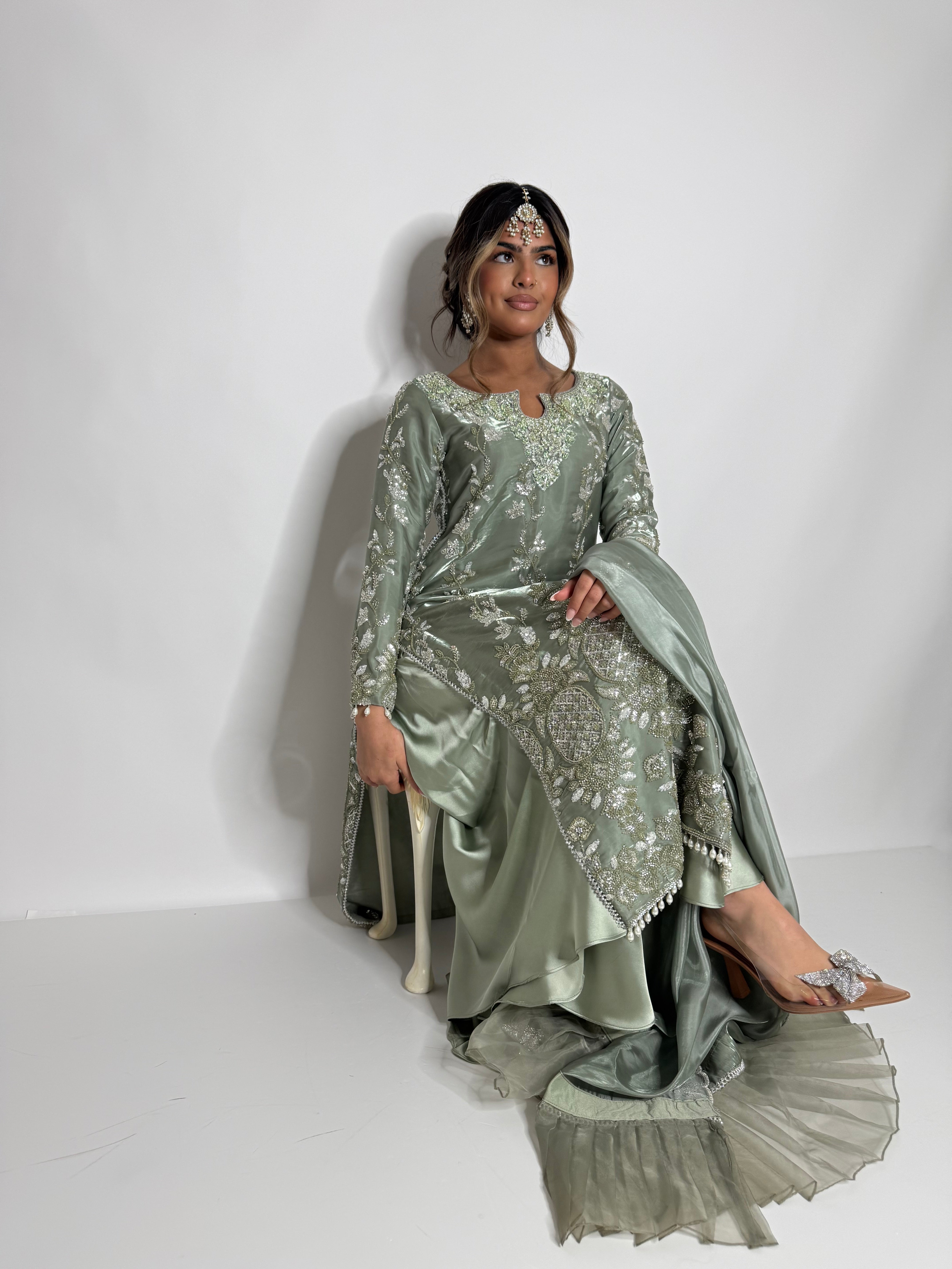 SAGE SILK EMBROIDERED THREE PIECE SUIT UK | THE ELYSIA VERDELLE