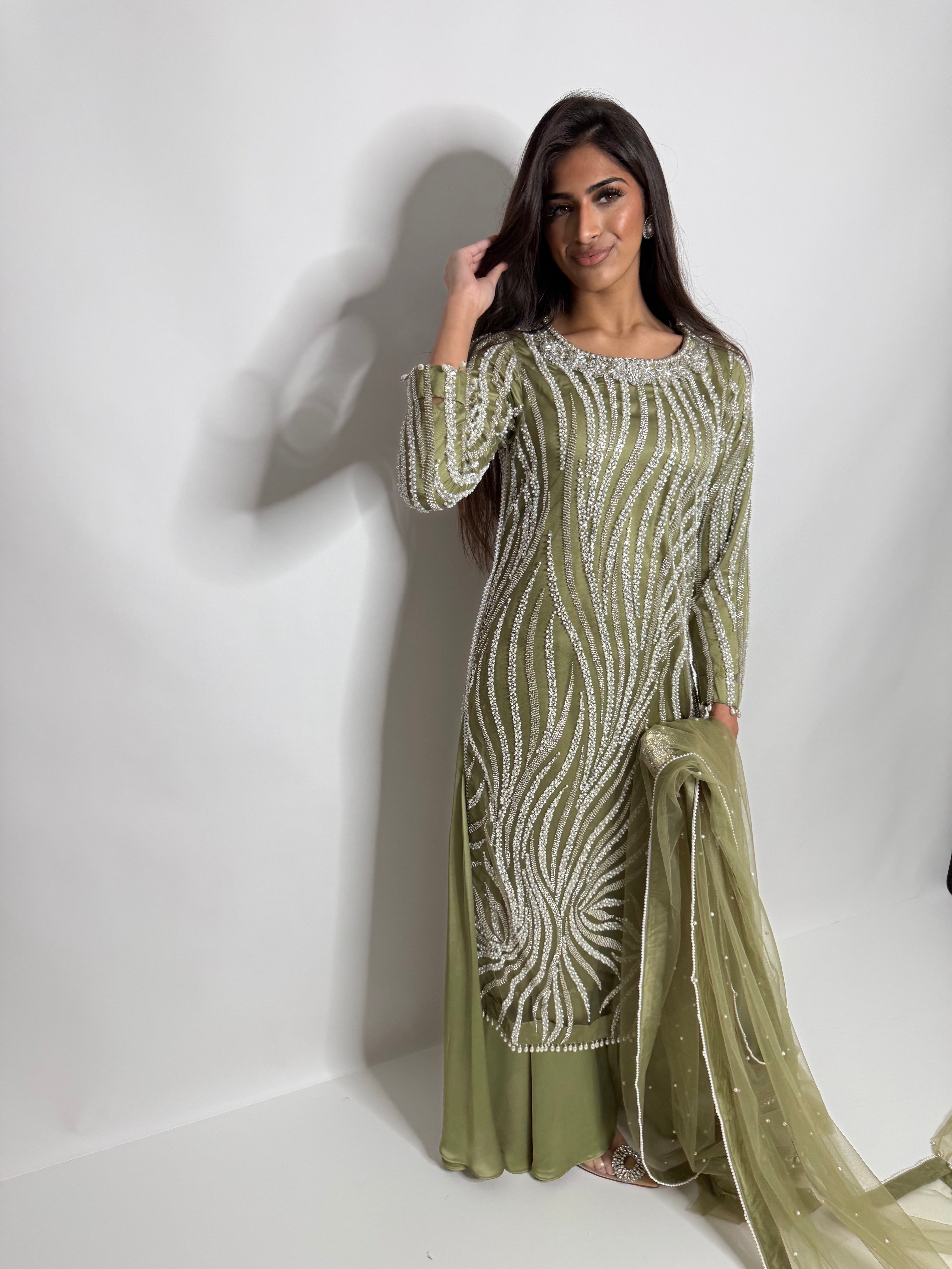 Olive Green Cutdana Sharara Three Piece Suit UK | The Mirabelle