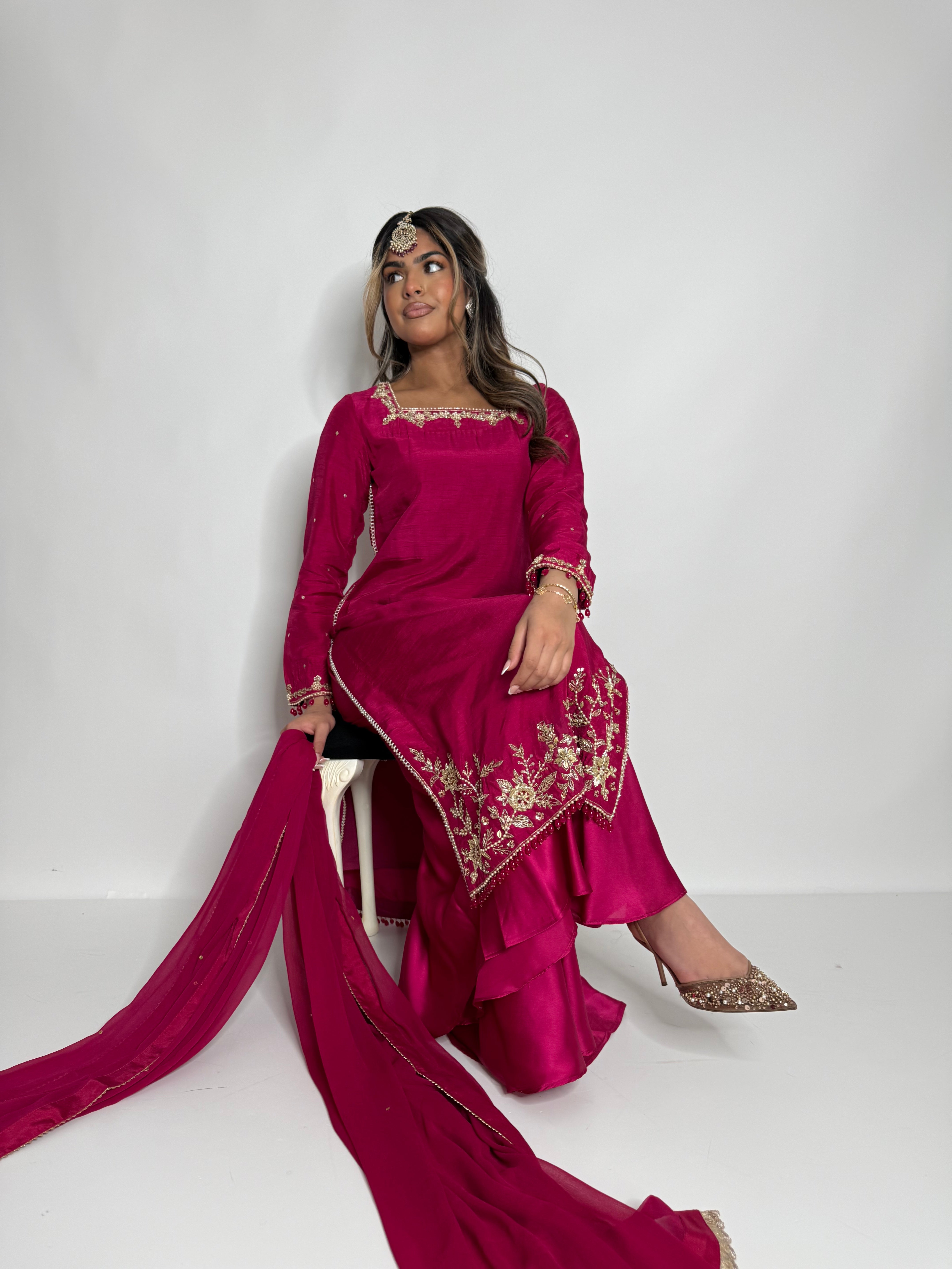 HOT PINK RAW SILK SHARARA SUIT UK | THE ZEPHYRA ROSE