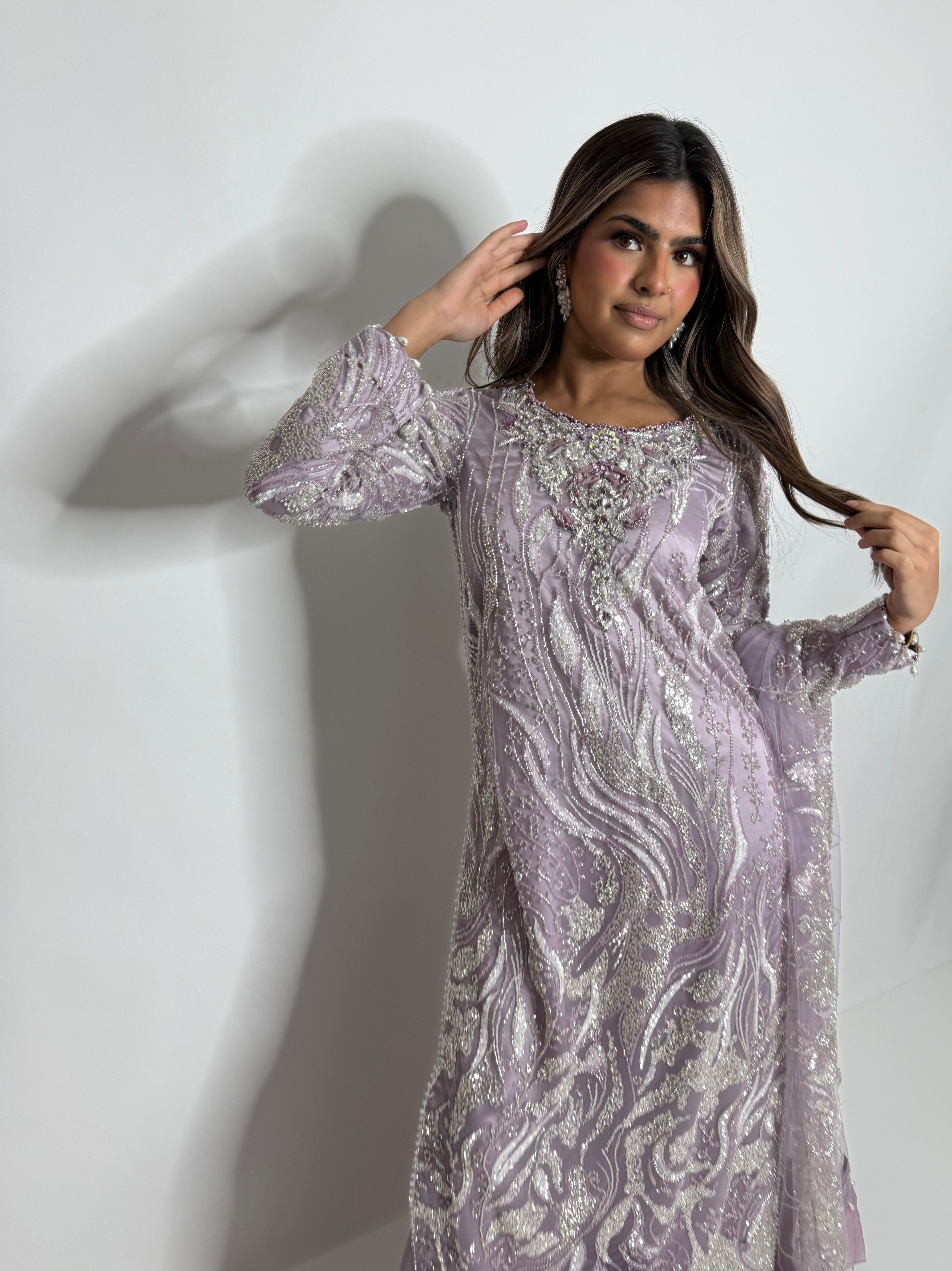 Lilac Cutdana Sharara Three Piece Suit UK | The Valerienne
