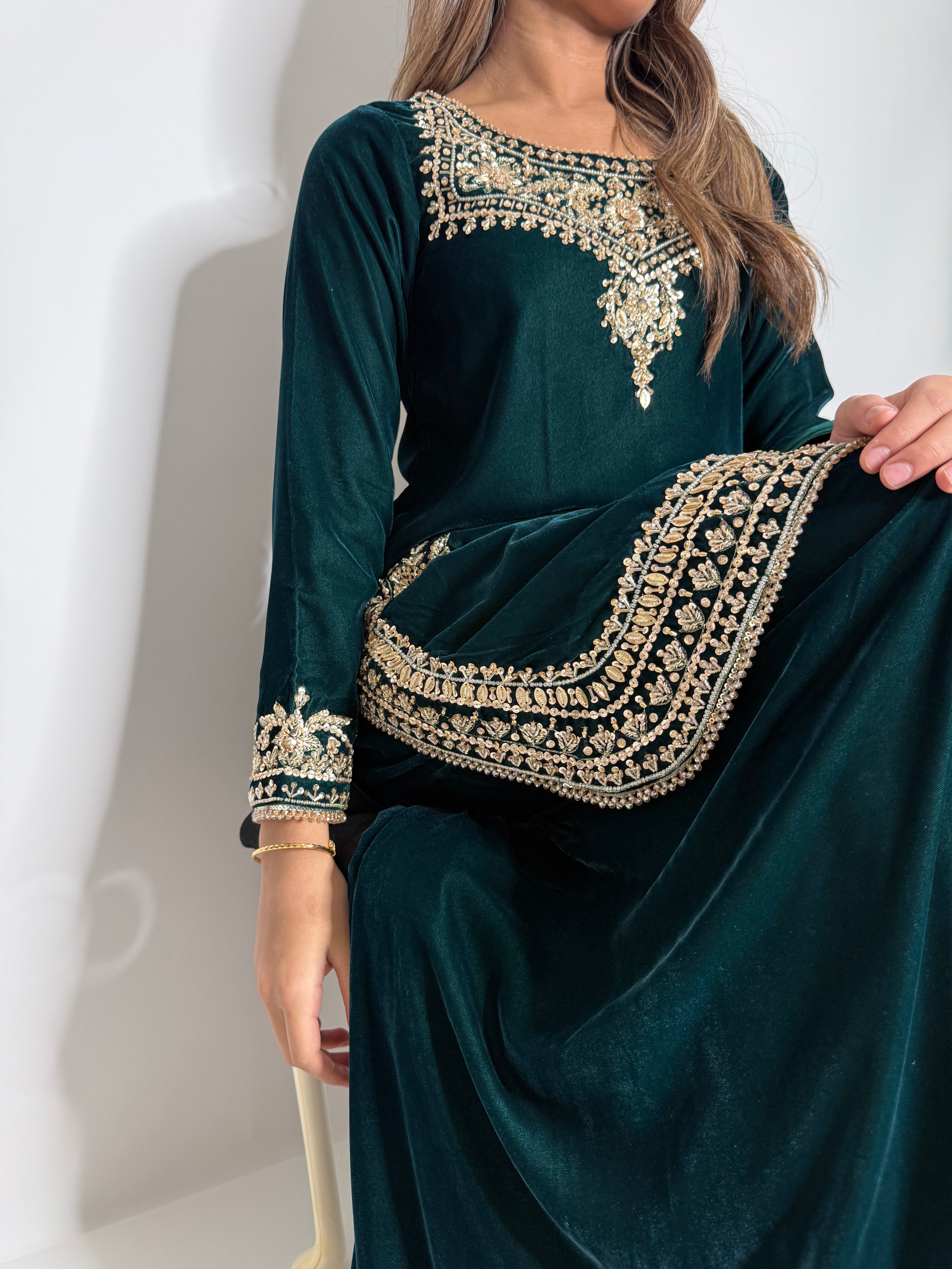 EMERALD MICRO VELVET SHARARA THREE PIECE SUIT UK | THE VARELLA