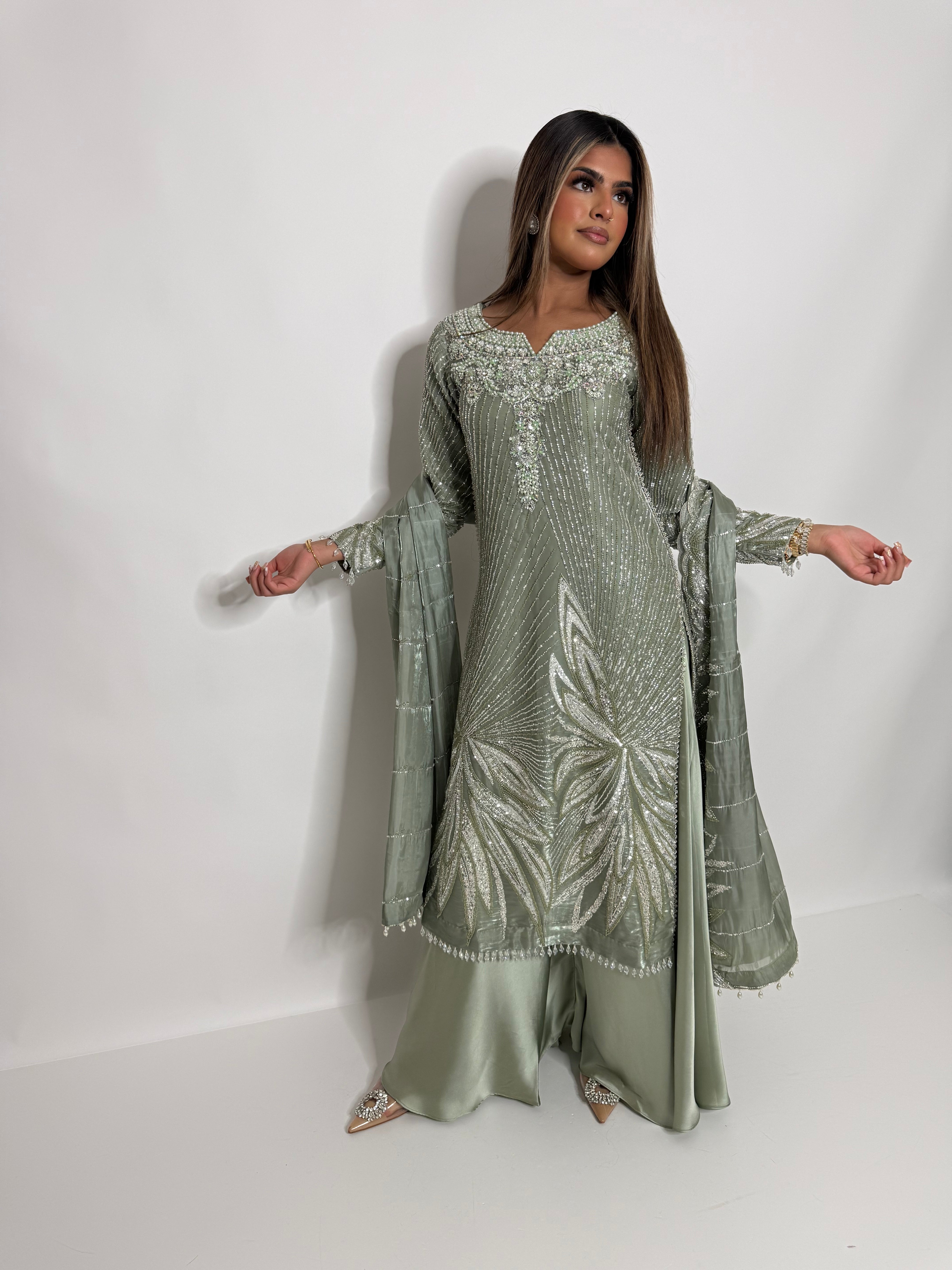 Sage Green Cutdana Silk Sharara Suit UK | The Maelis