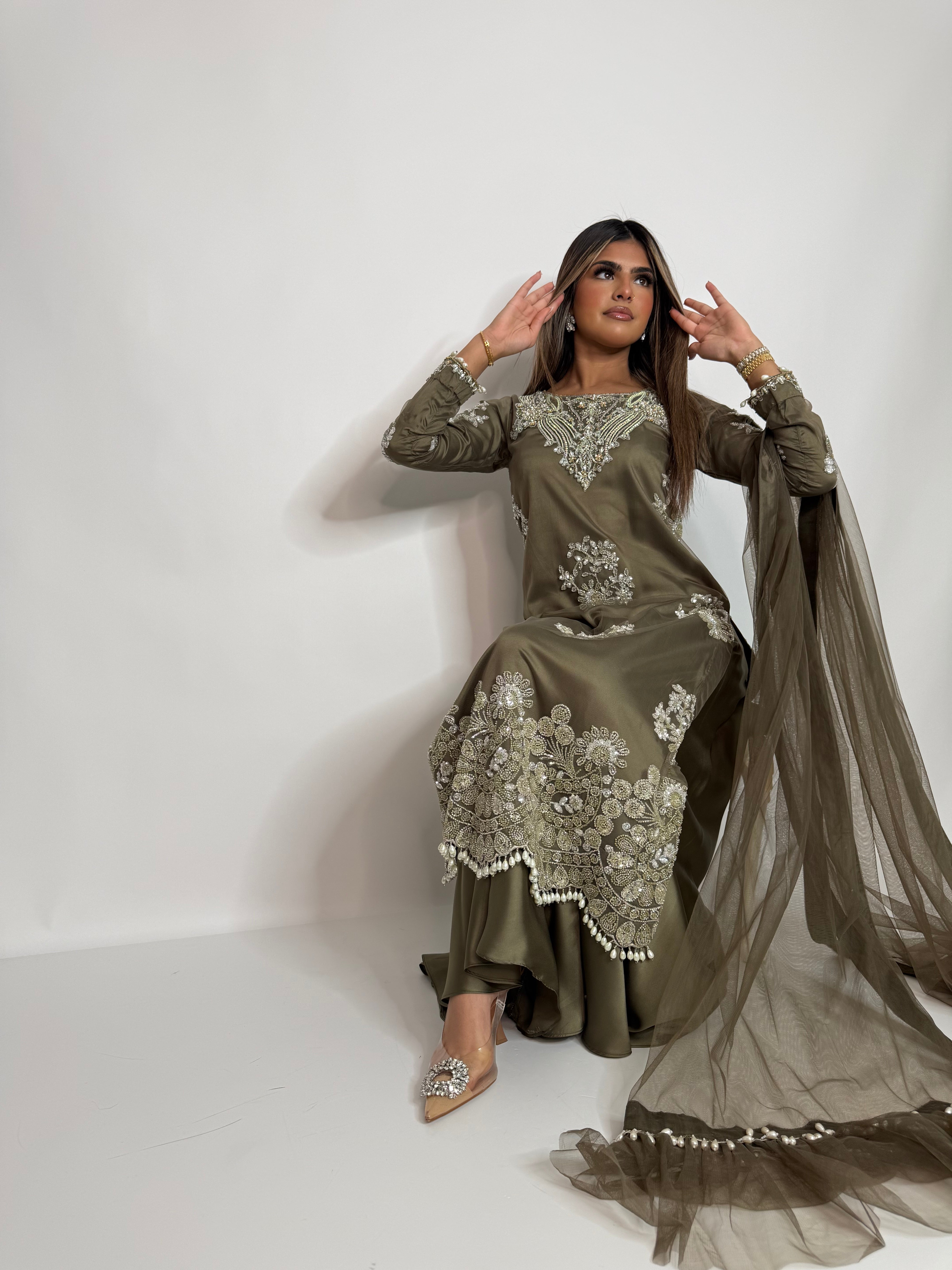 Olive Luxe Embroidered Sharara Suit UK | The Arlisse