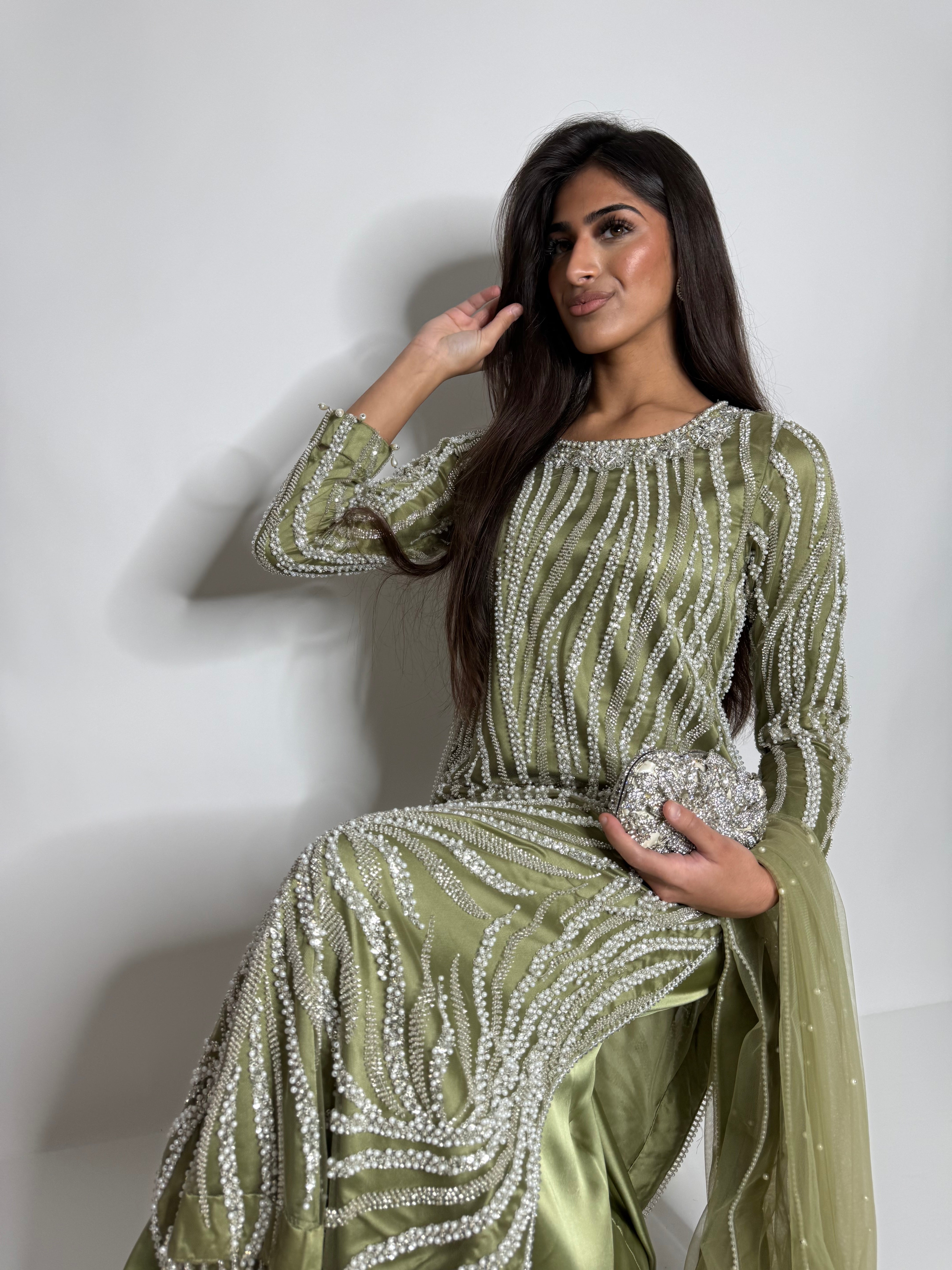 Olive Green Cutdana Sharara Three Piece Suit UK | The Mirabelle