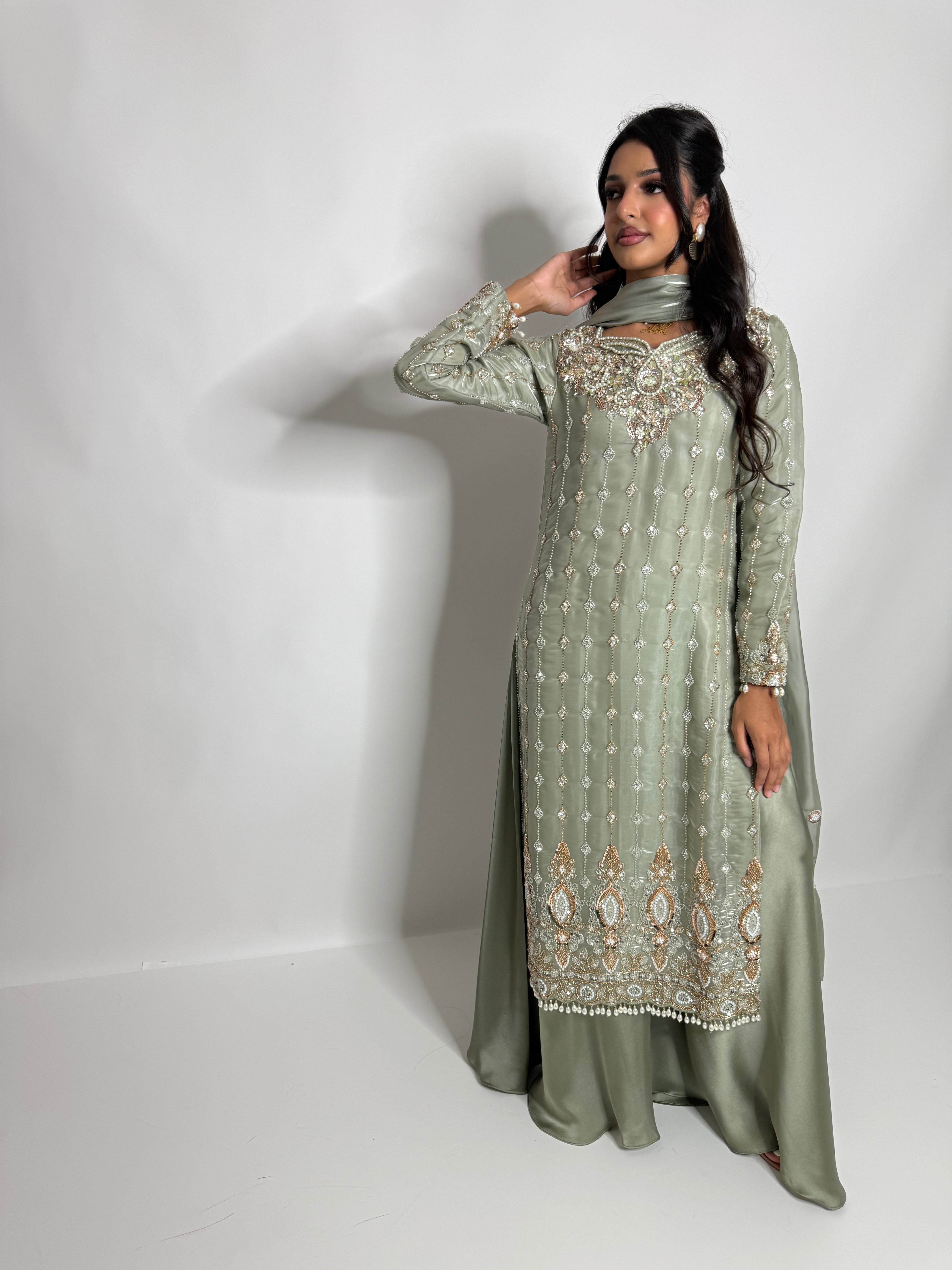 MAHZABIN | Sage Silk Sharara with Cutdana Embroidery