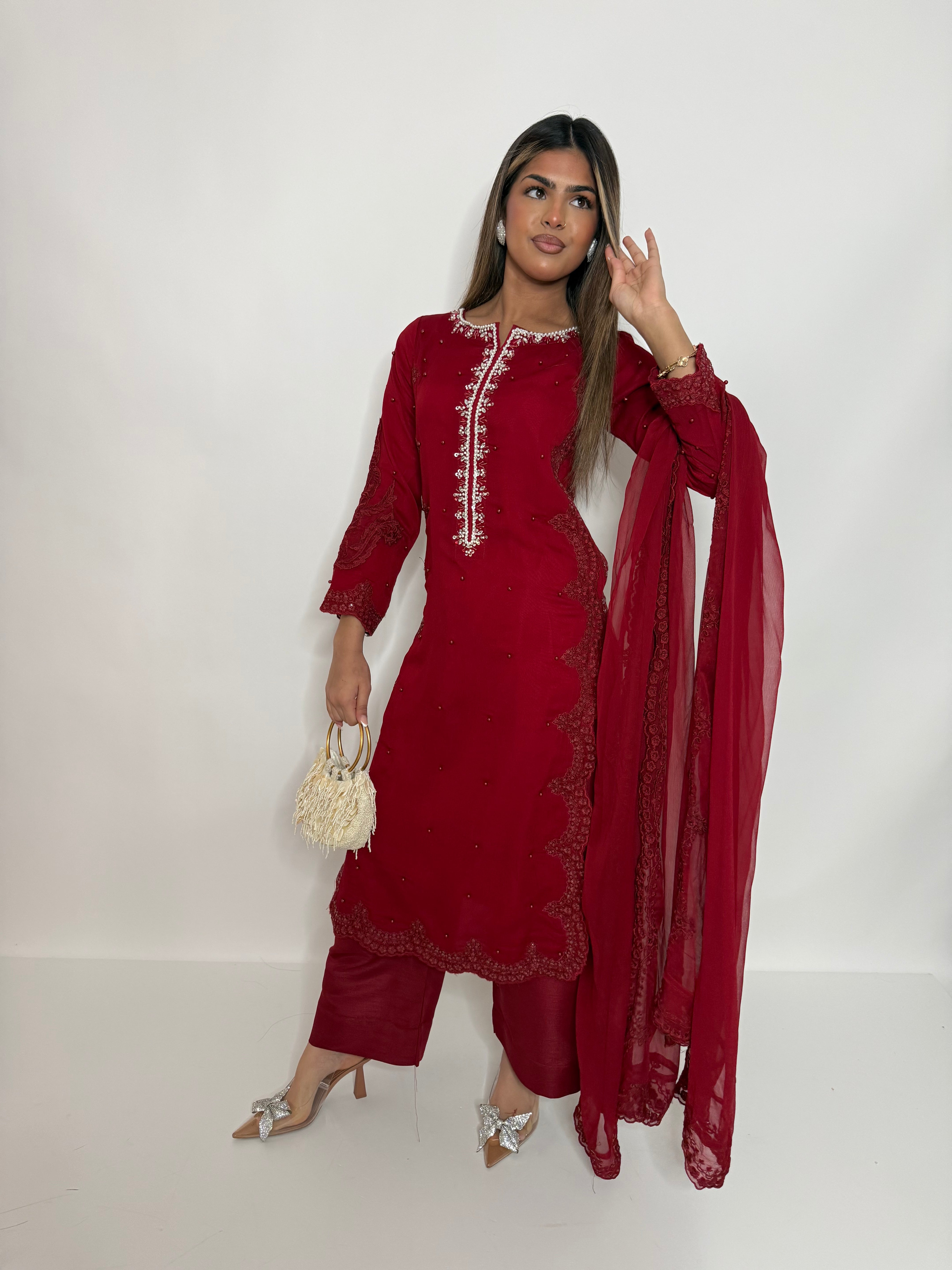 RED EMBROIDERED THREE PIECE SUIT UK | THE AMARA RUE
