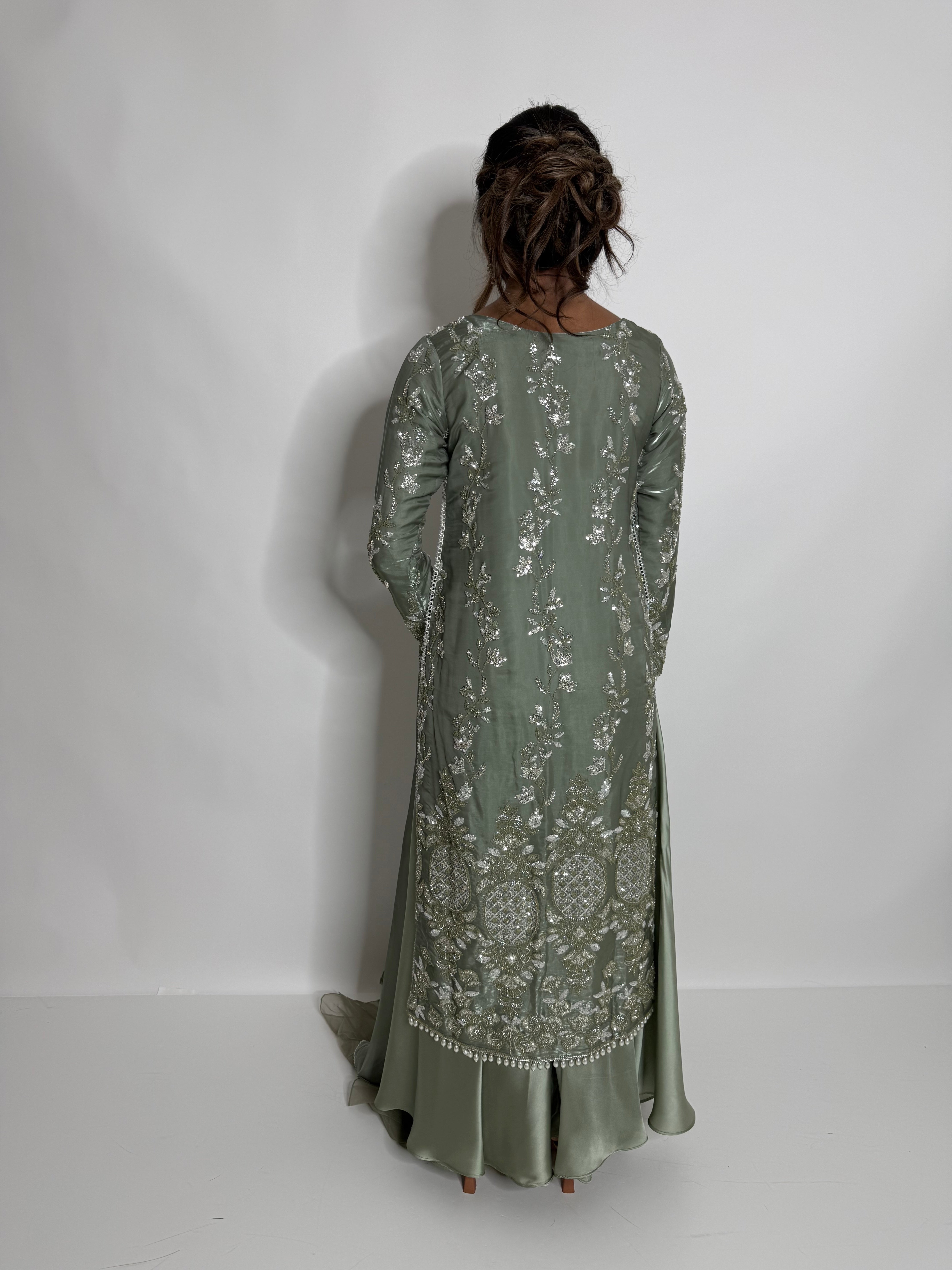 SAGE SILK EMBROIDERED THREE PIECE SUIT UK | THE ELYSIA VERDELLE