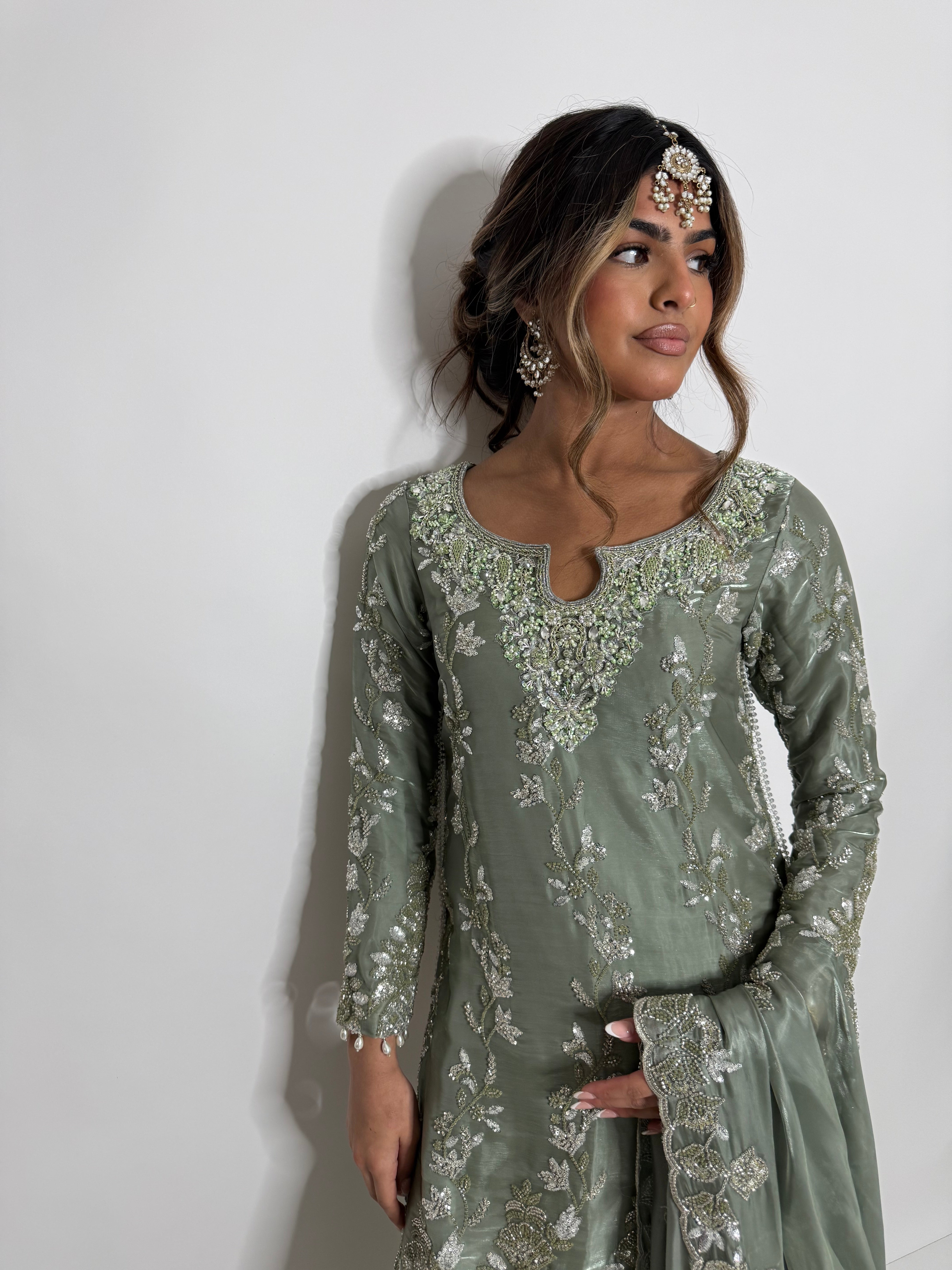 SAGE SILK EMBROIDERED THREE PIECE SUIT UK | THE ELYSIA VERDELLE
