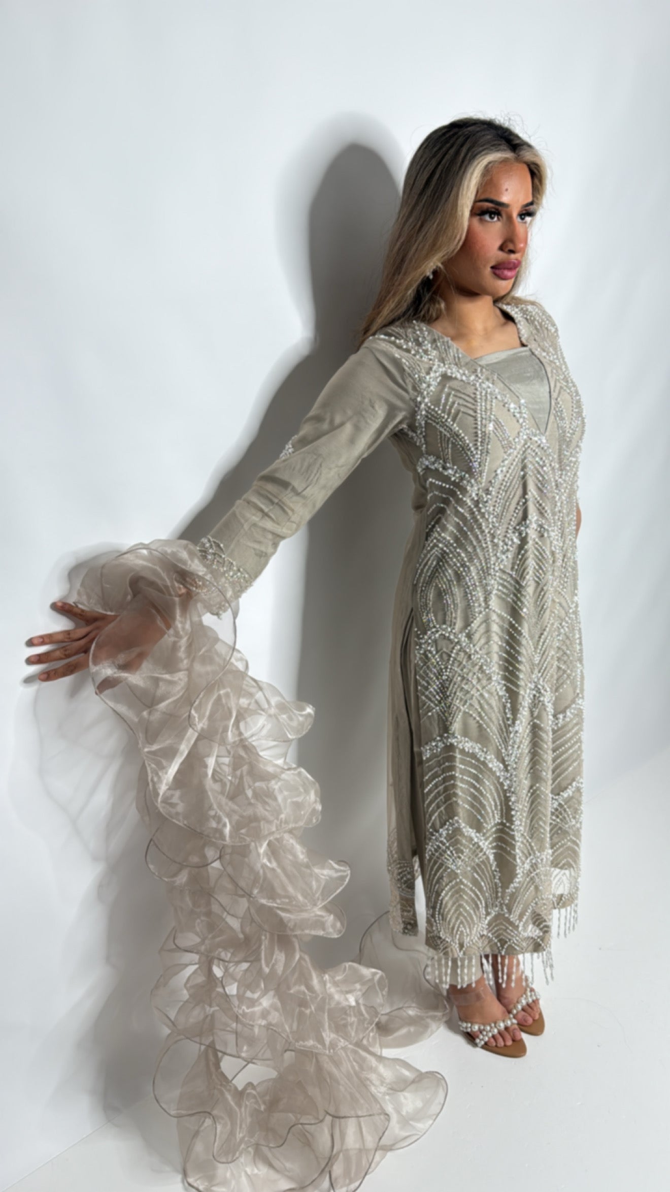 Silver Taupe Pearl Embellished Three Piece Suit UK | The Ameliyana Heirloom