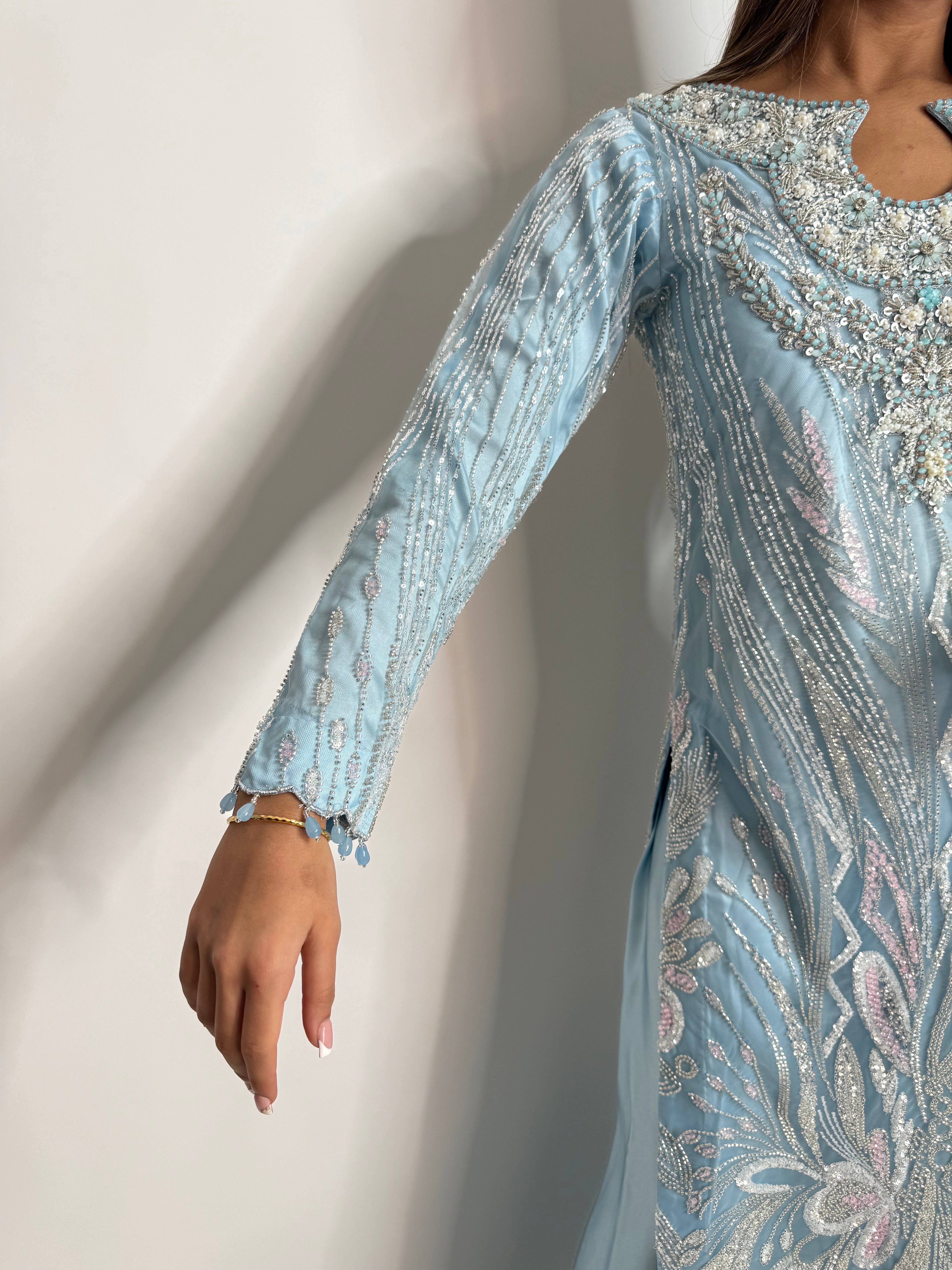 Ice Blue Cutdana Sharara Three Piece Suit UK | The Orlienne