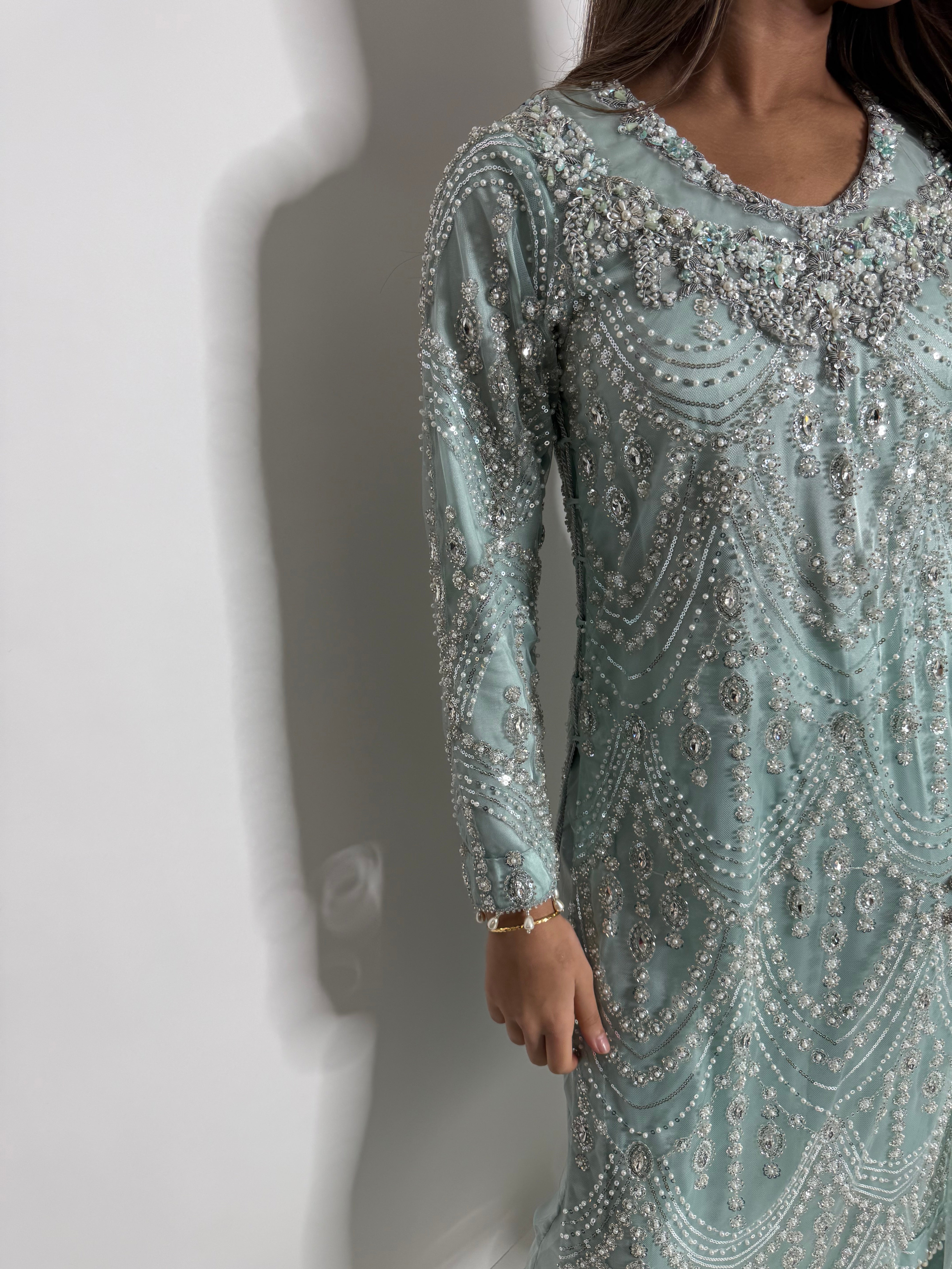 Celadon Cutdana Three Piece Suit UK | The Ismeria