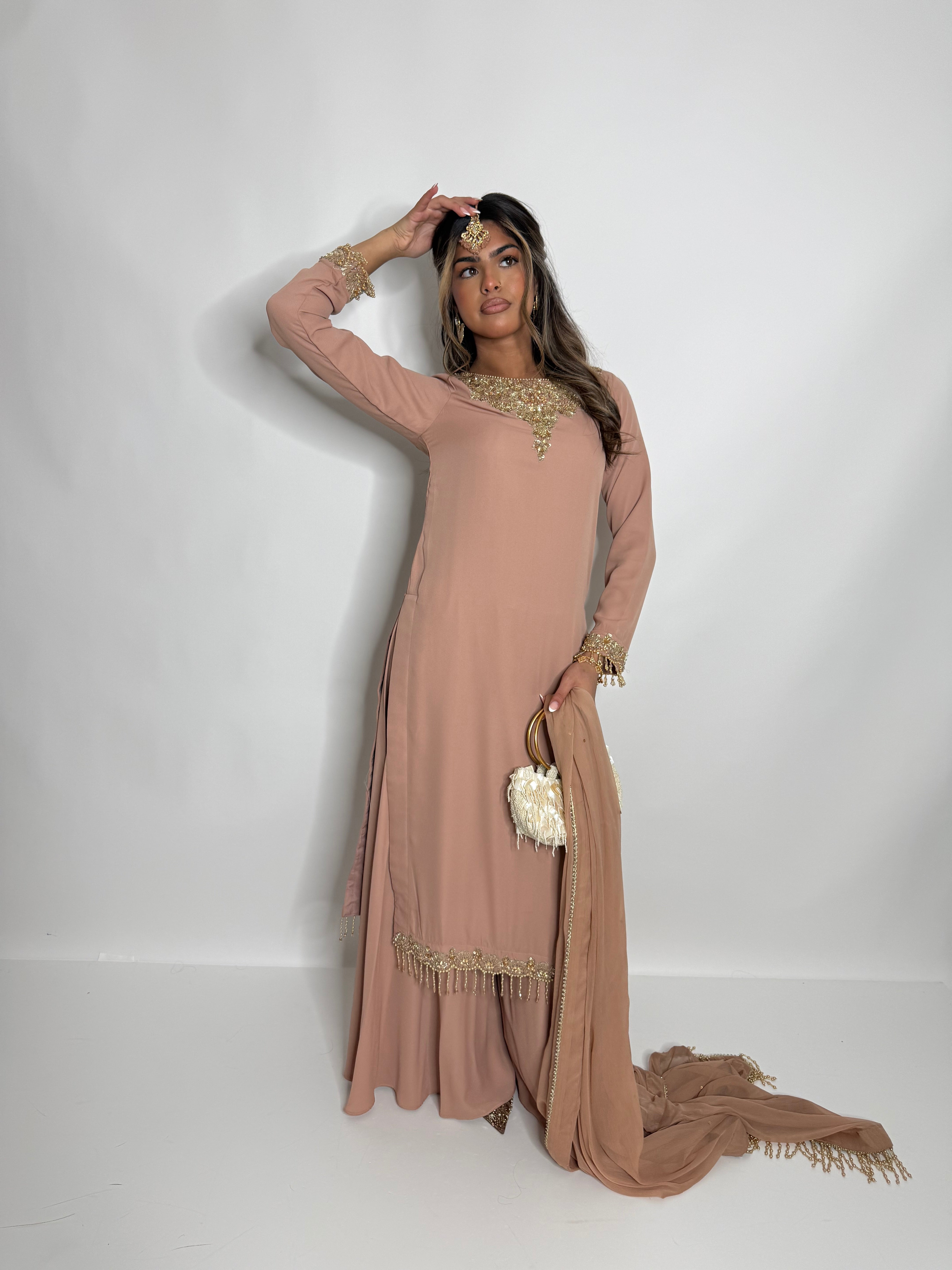 NUDE GEORGETTE SHARARA SUIT UK | THE AMAYA LUNE