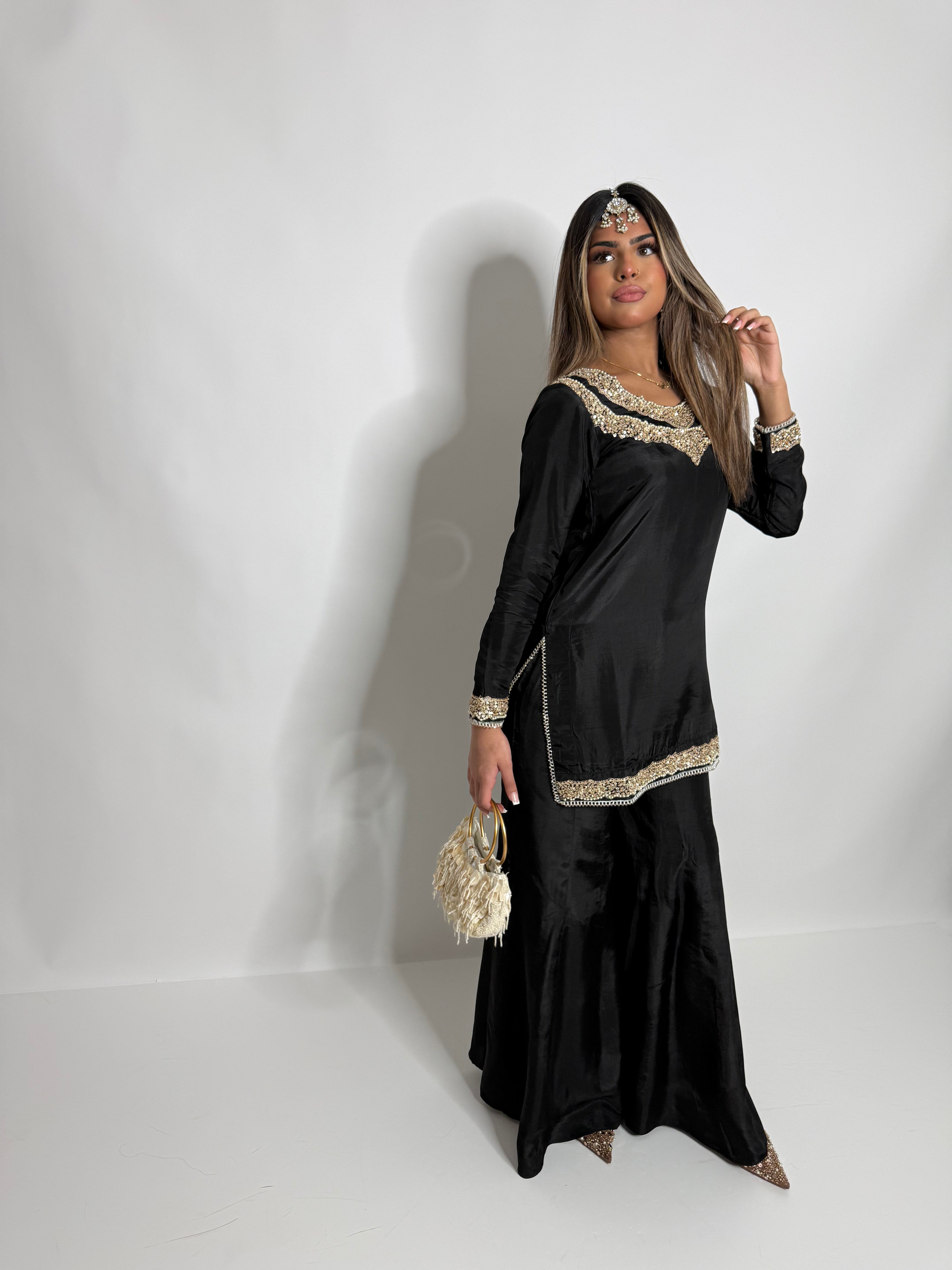 BLACK SILK SHARARA SUIT UK | THE KAIA NOIRE