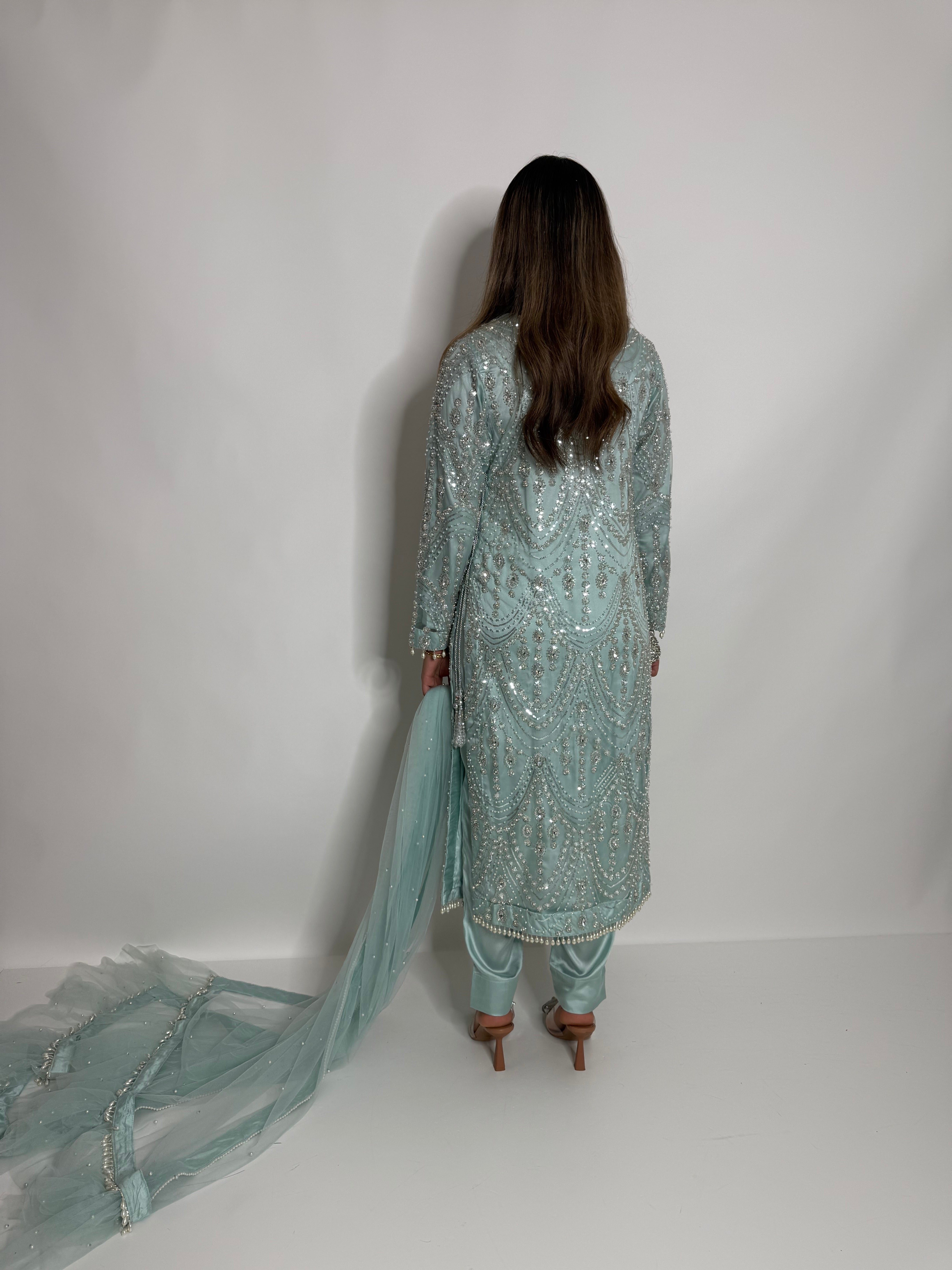 Celadon Cutdana Three Piece Suit UK | The Ismeria