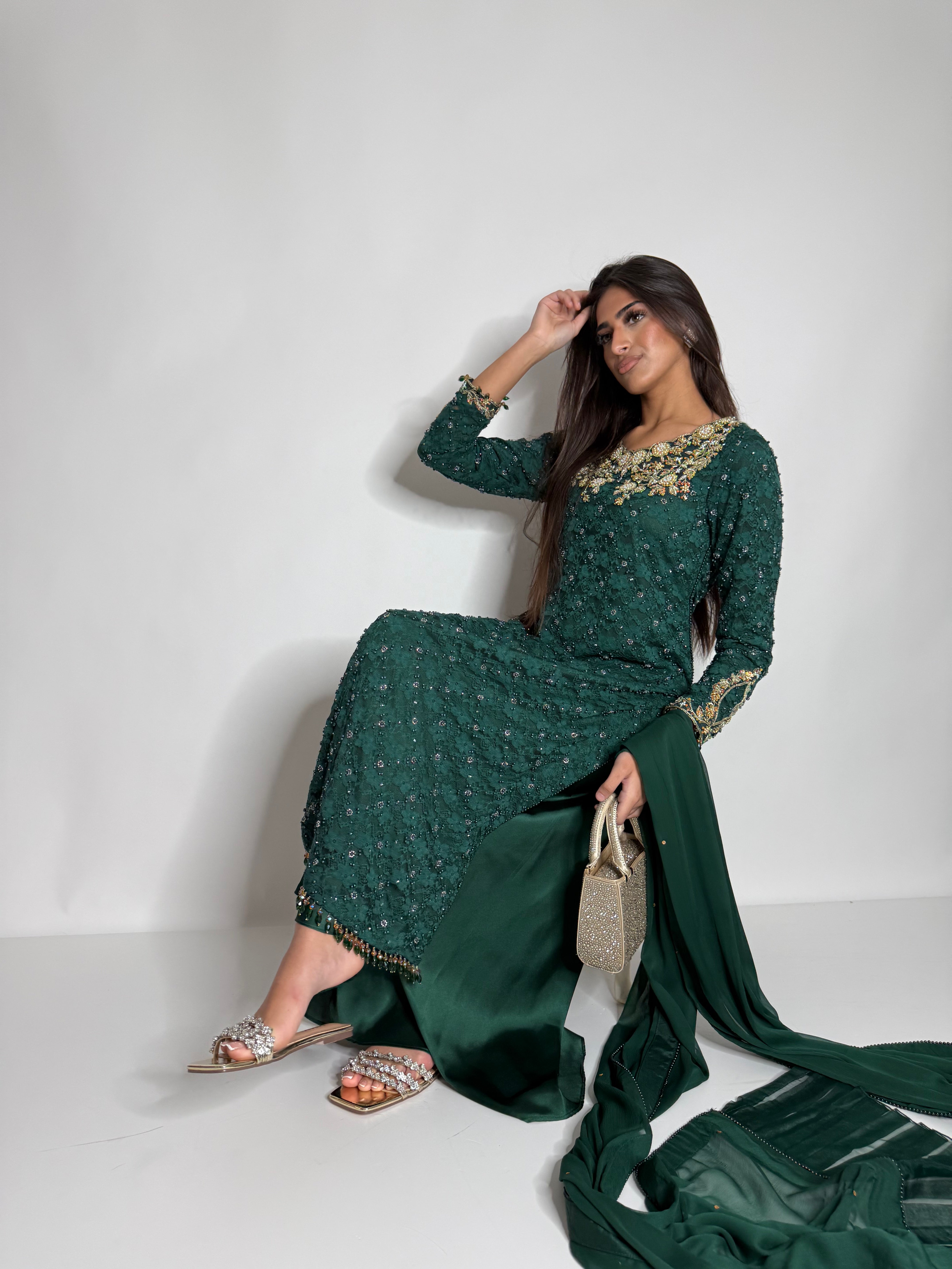 Emerald Pearl Crochet Three Piece Suit UK | The Bellagio