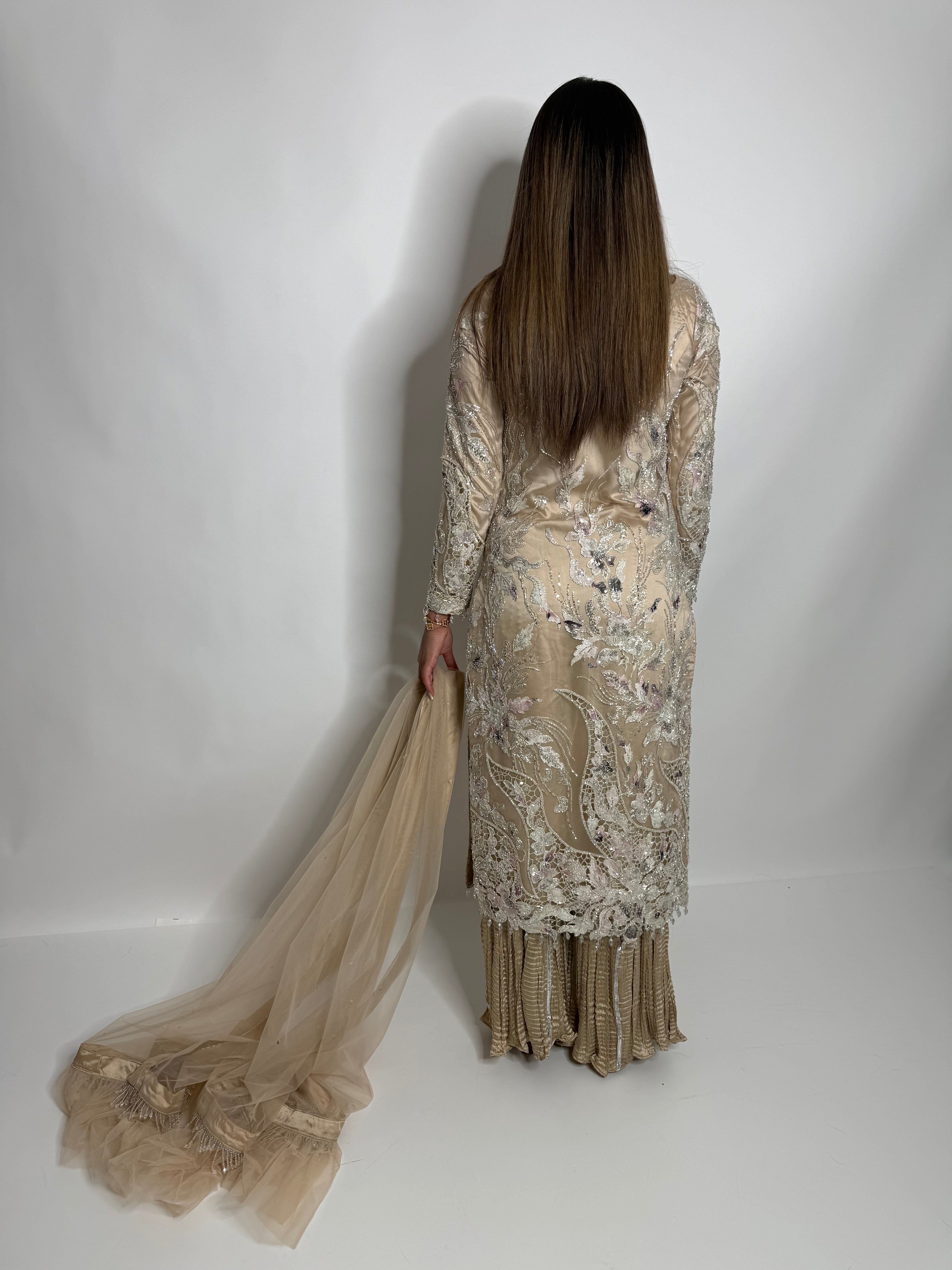 Zarqash | Luxury Pakistani Champagne Cutdana Sharara Suit UK | Wedding Guest, Nikkah & Eid Occasion Wear