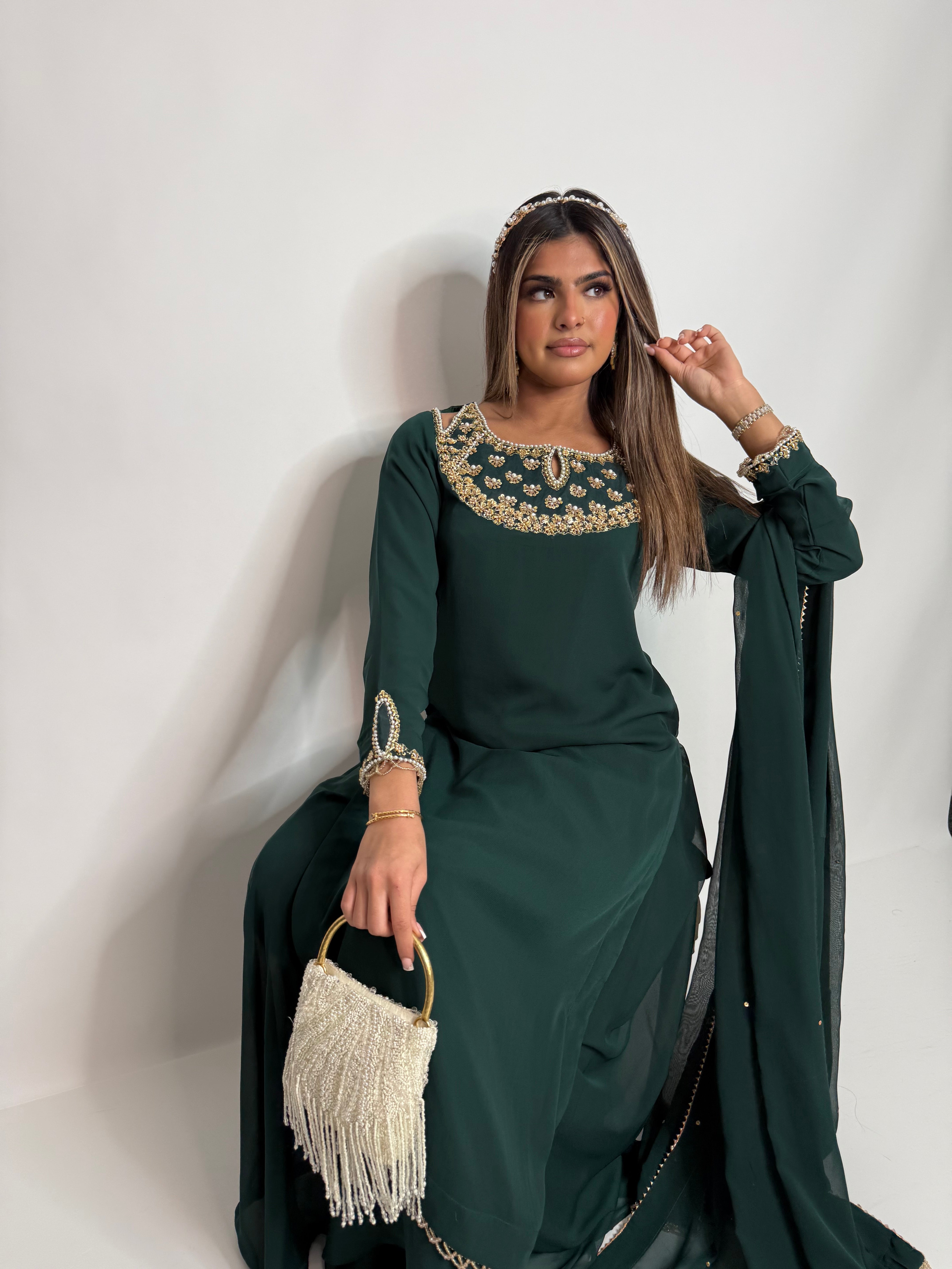 Emerald Chiffon Sharara Three Piece Suit UK | The Kaelisse