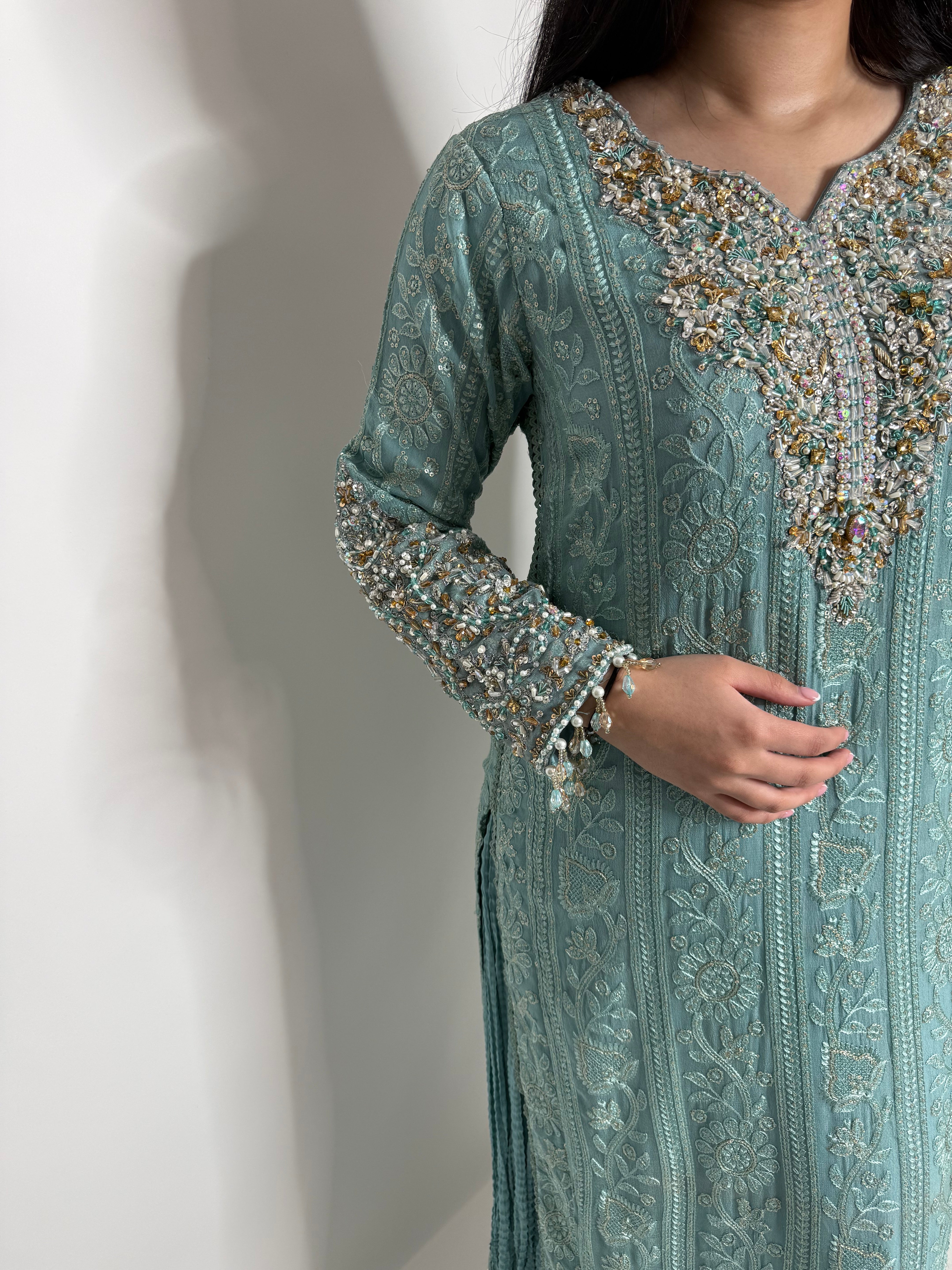 MINT GREEN CHIKANKARI SHARARA THREE PIECE SUIT UK | THE AZMIRA