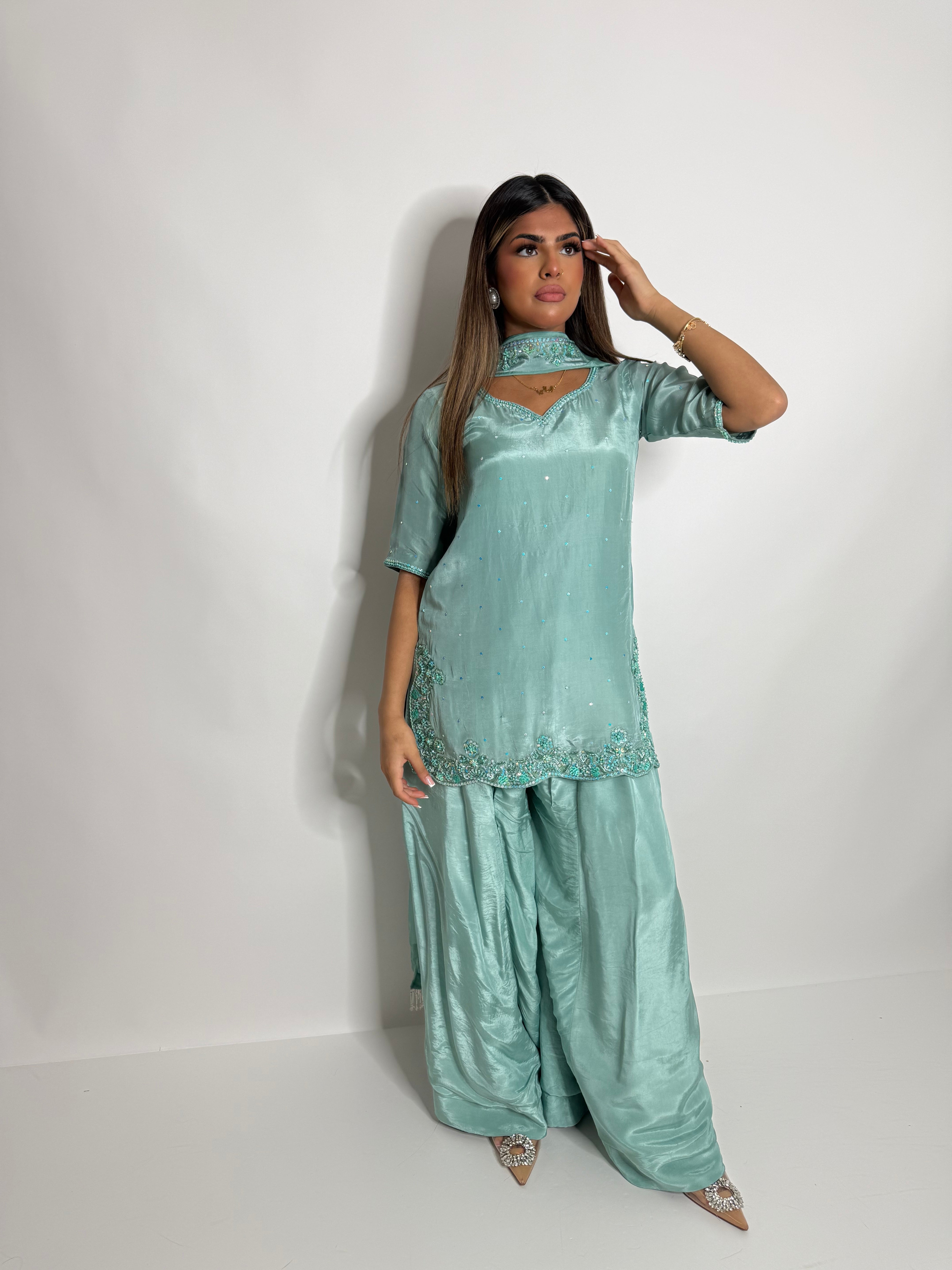 Hooré | Pakistani Mint Silk Sharara Suit UK | Wedding Guest, Eid & Party Wear