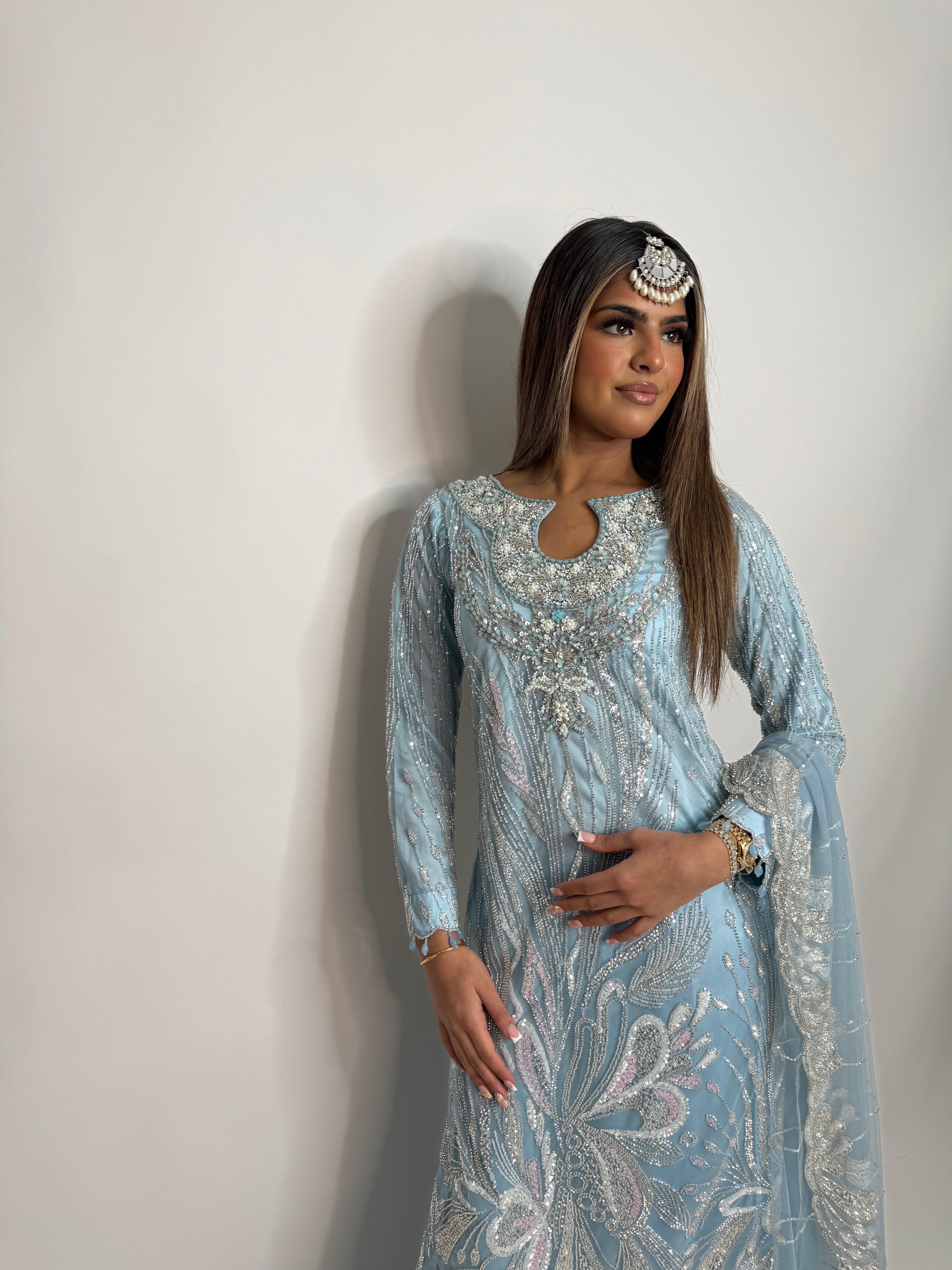 Ice Blue Cutdana Sharara Three Piece Suit UK | The Orlienne