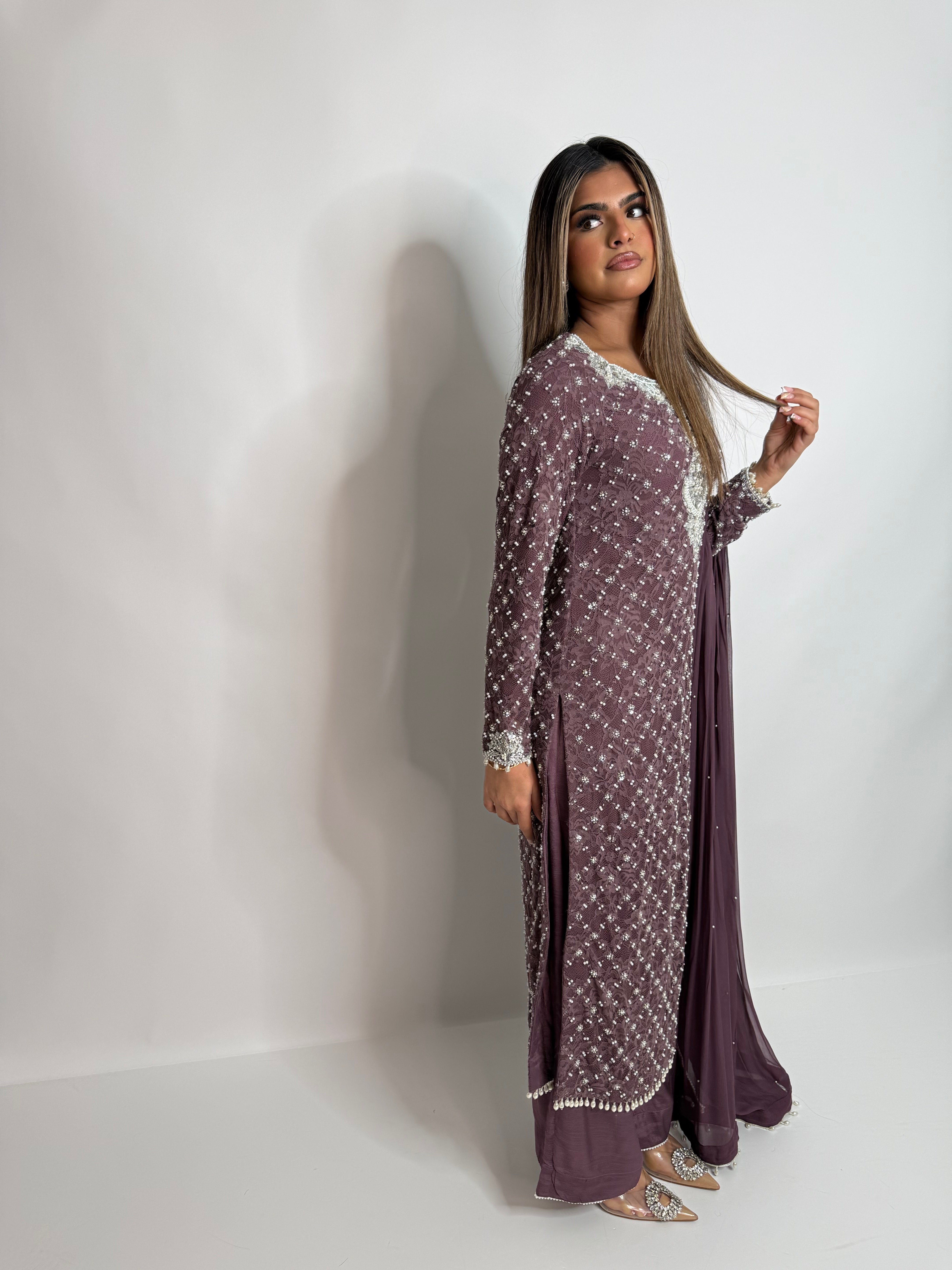 Lilac Pearl Crochet Three Piece Suit UK | The Mireya