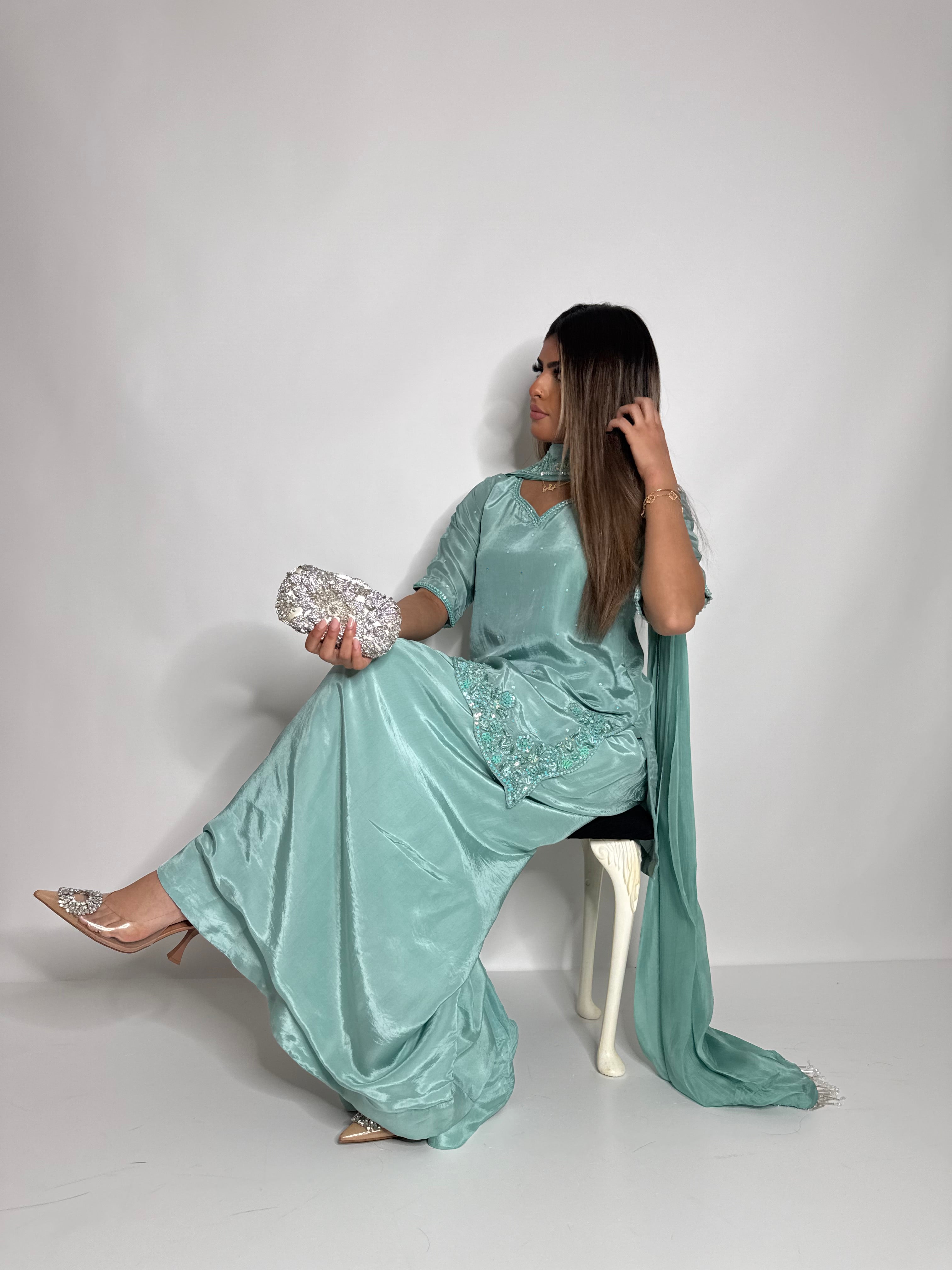 Hooré | Pakistani Mint Silk Sharara Suit UK | Wedding Guest, Eid & Party Wear
