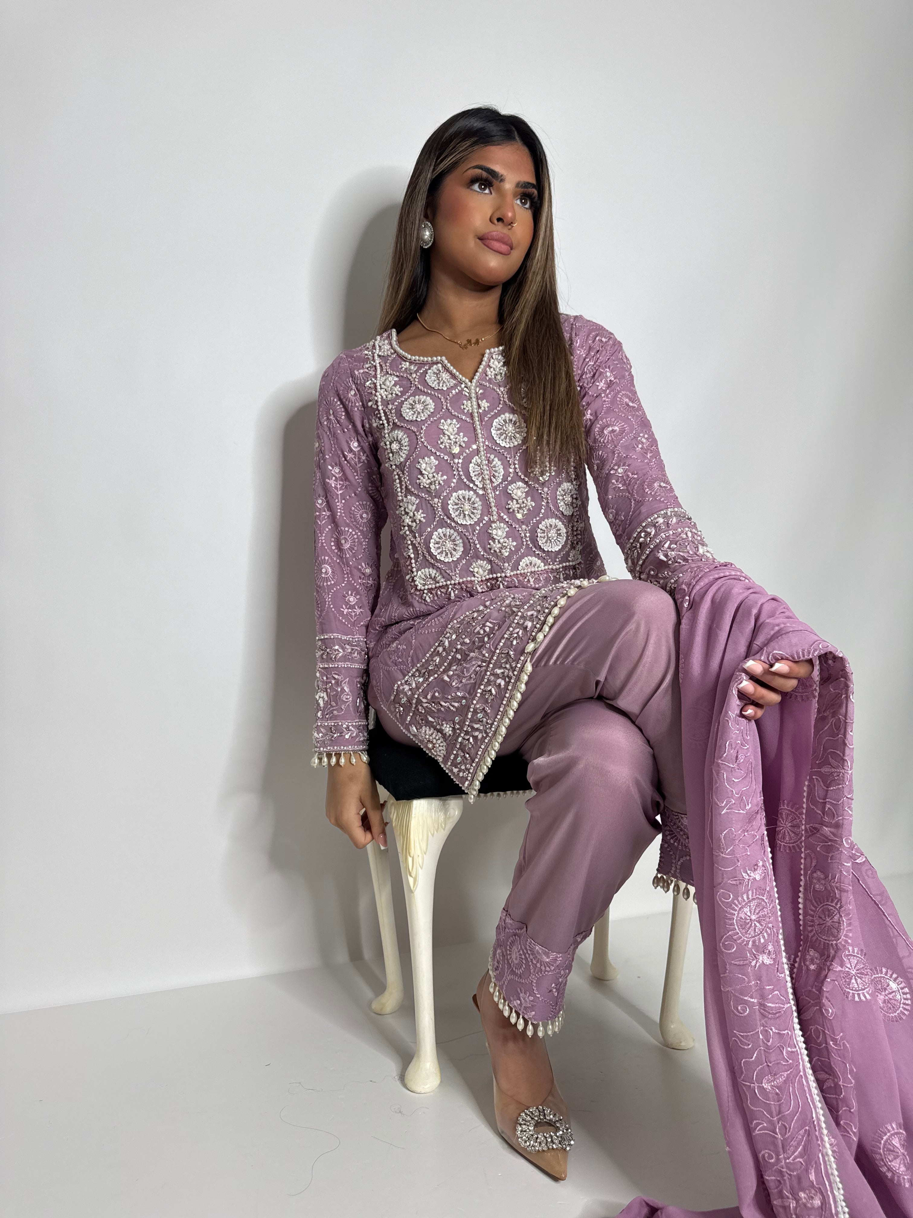 AYZEL | LUXURY PAKISTANI DUSTY MAUVE HAND EMBROIDERED 3 PIECE SUIT UK | WEDDING GUEST, EID & PARTY WEAR