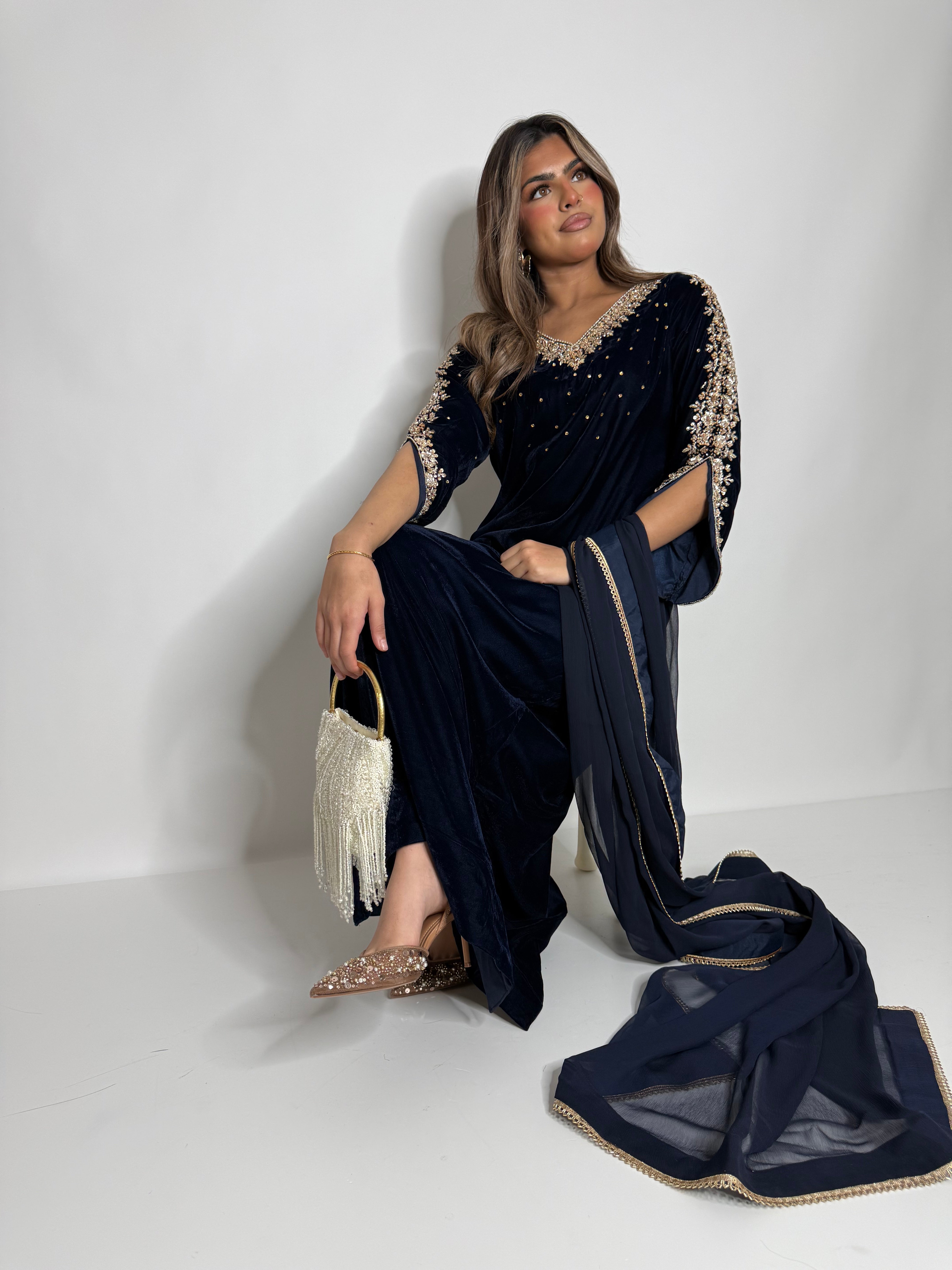 Midnight Navy Velvet Kaftan Three Piece Suit UK | The Évariste
